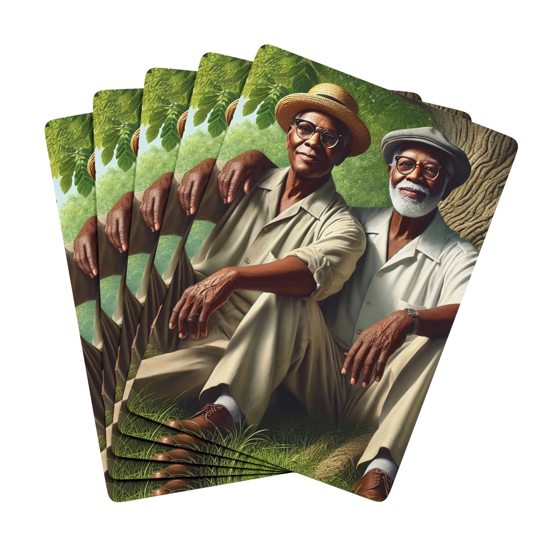 Queer Black elders, 1920s rural Iowa, Grant Wood-inspired art, vintage poker deck, LGBTQ+ love and history.