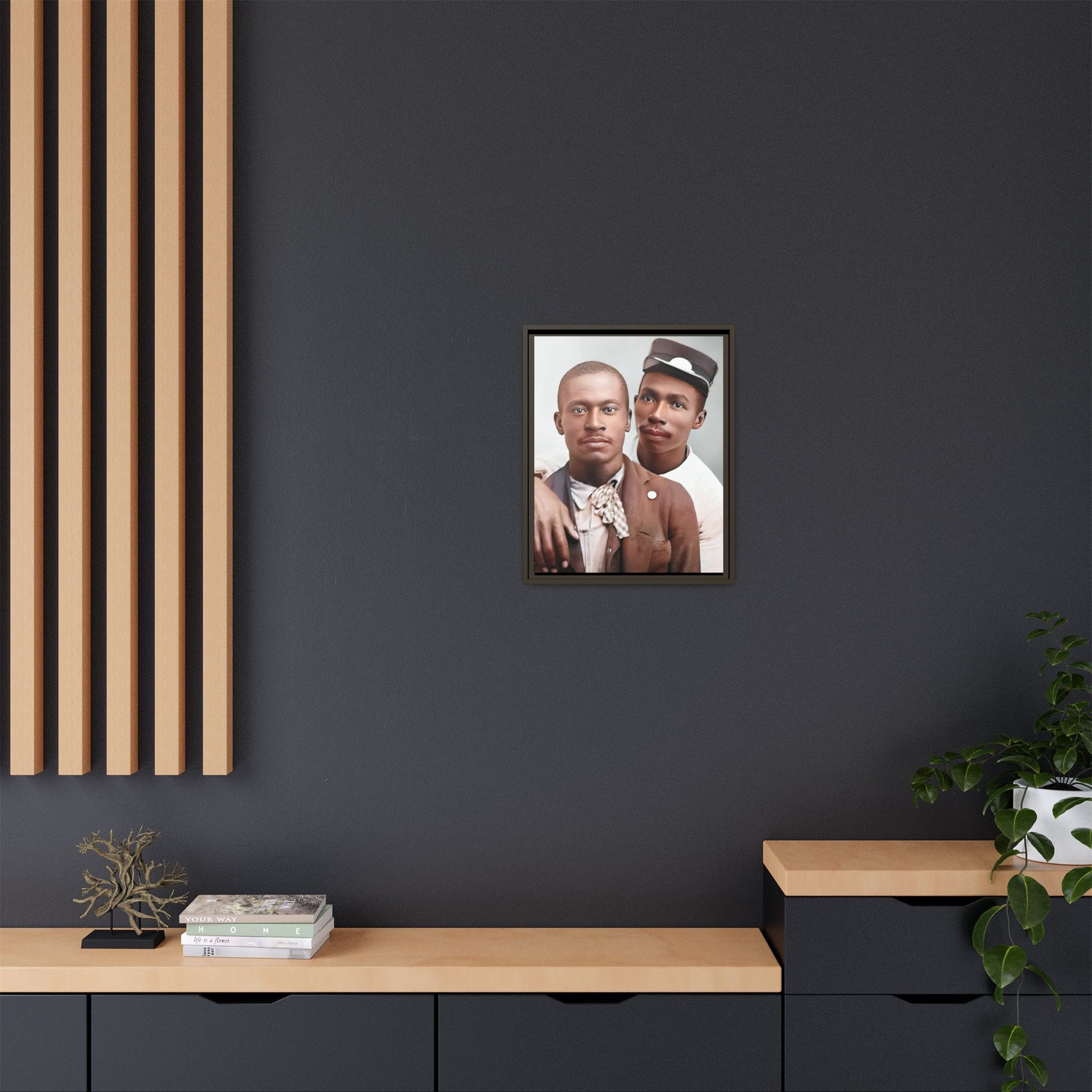A restored vintage portrait of Willie & Louis at Metro-North Railroad in Harlem, New York. This framed matte canvas celebrates LGBTQ+ history, African American heritage, and timeless love. Gay Couple