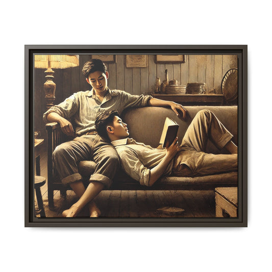 Framed artwork of an Asian-American gay couple sharing a tranquil moment on a rustic sofa, inspired by Grant Wood’s style