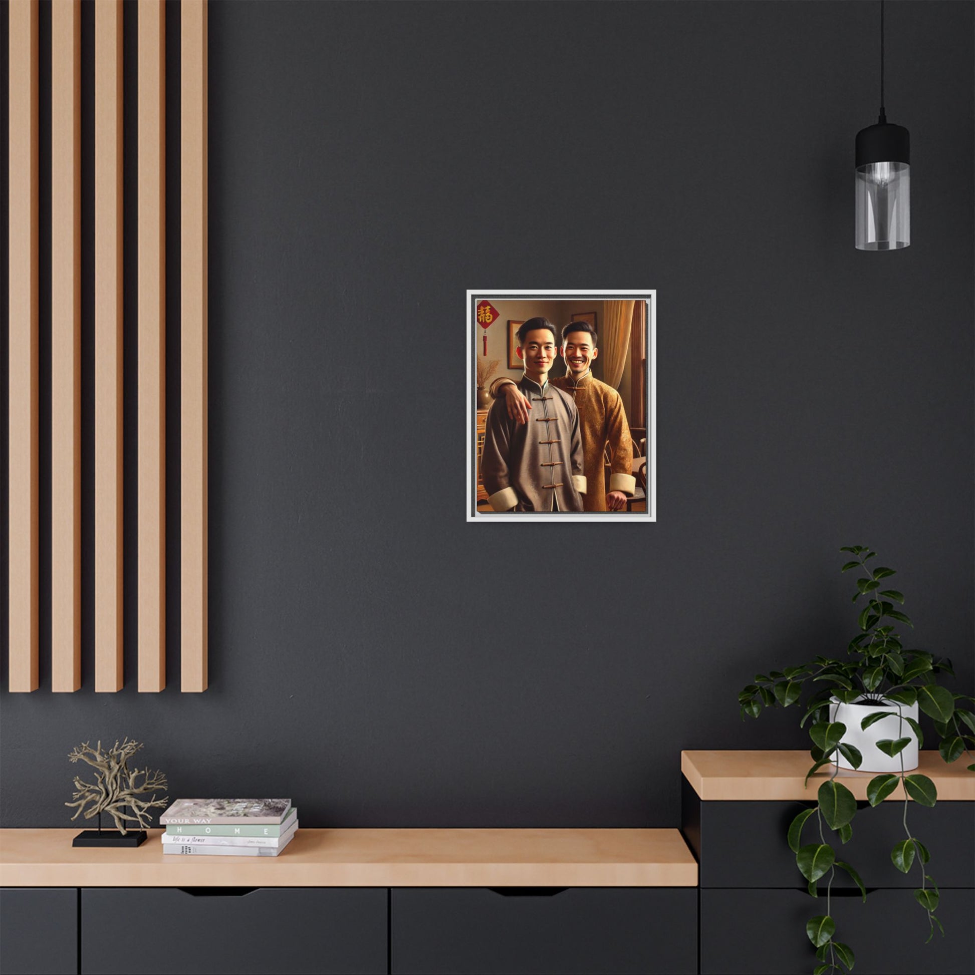 Artwork featuring a joyful portrait of a Chinese queer couple celebrating Chinese New Year in traditional attire. Set in a cozy American home adorned with subtle decorations, this image captures love, cultural pride, and warmth, blending Chinese heritage with a Midwestern setting