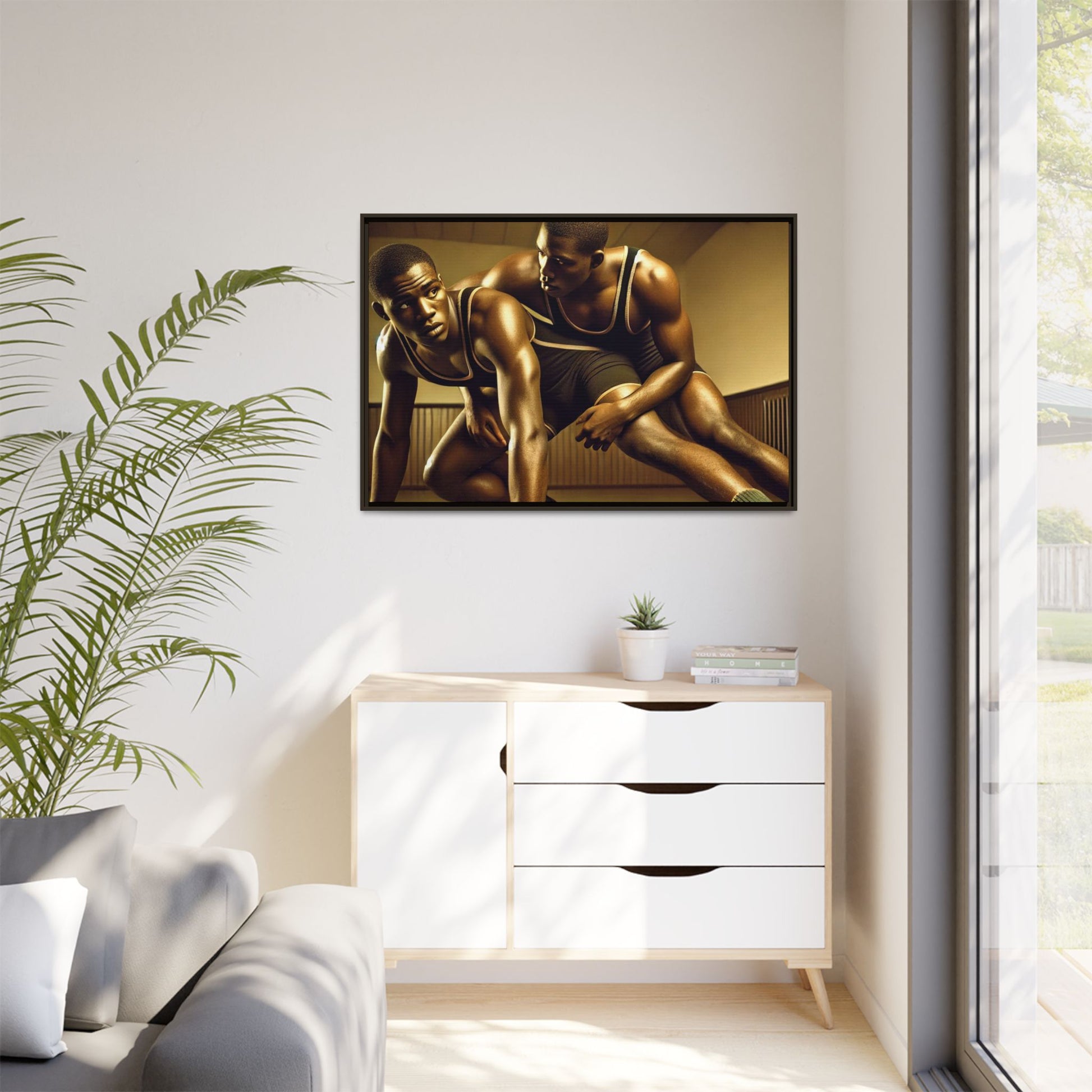 Framed artwork inspired by Grant Wood, showcasing African-American wrestlers in a vintage gymnasium setting. A powerful tribute to teamwork, resilience, and regionalist art.