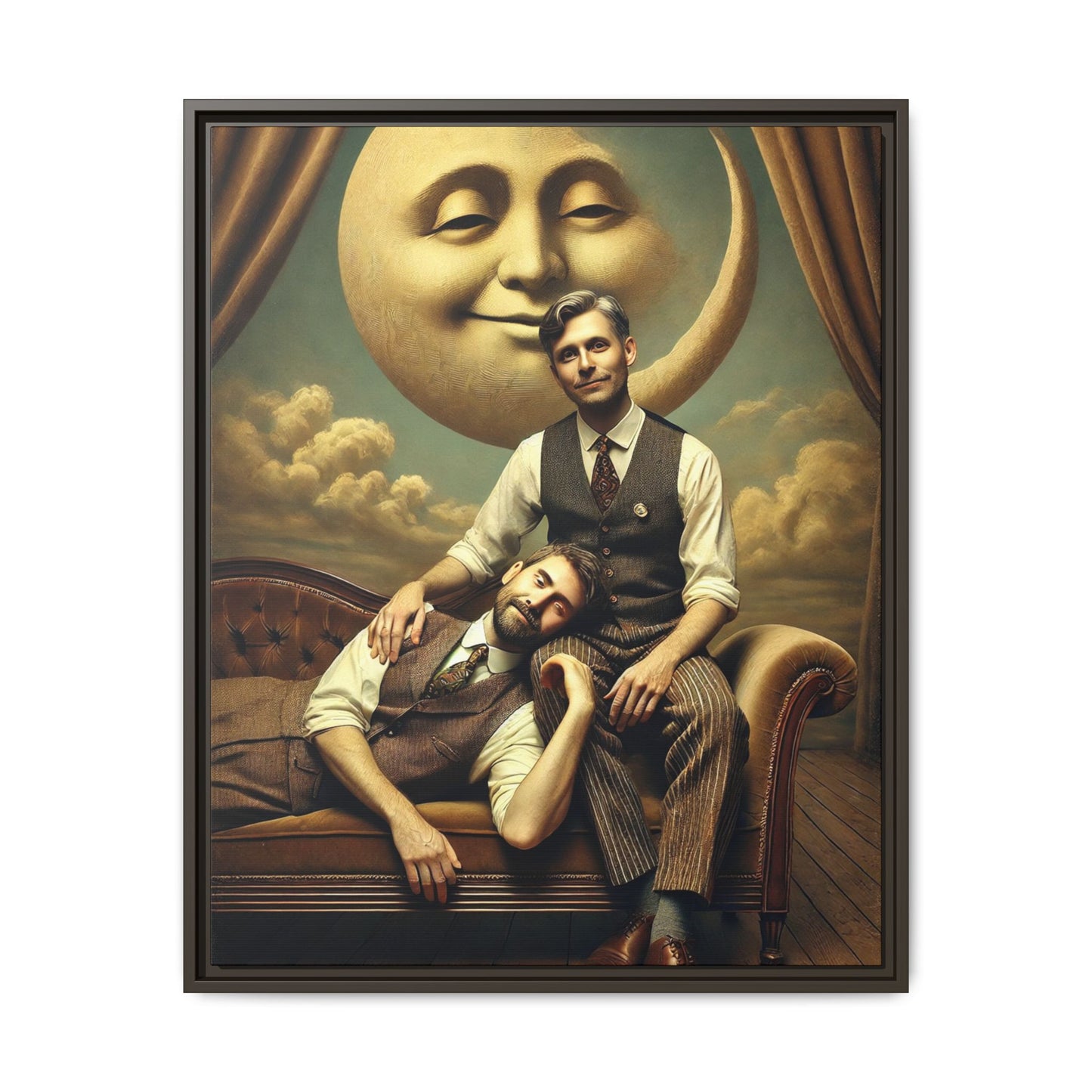 Vintage-style artwork of two men in 1920s clothing sitting close, one resting his head on the other’s lap beneath a smiling moon. Surrounded by theatrical curtains and clouds, this original piece honors lost queer love and challenges historical erasure with tenderness and pride.