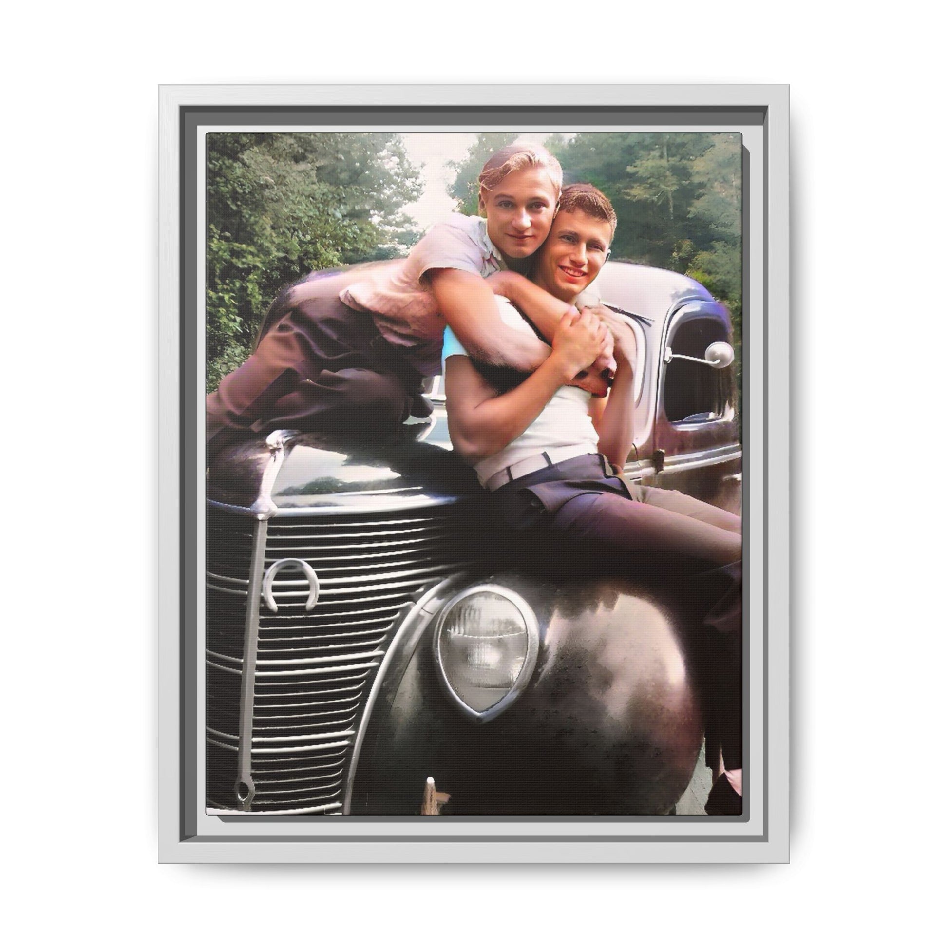 Vintage LGBTQ+ love portrait of Kent & Jamie in Watkins Glen, NY. A nostalgic moment on a classic car, now a museum-quality matte canvas print with handcrafted frame options. Perfect for collectors and those celebrating LGBTQ+ history. Gay Couple