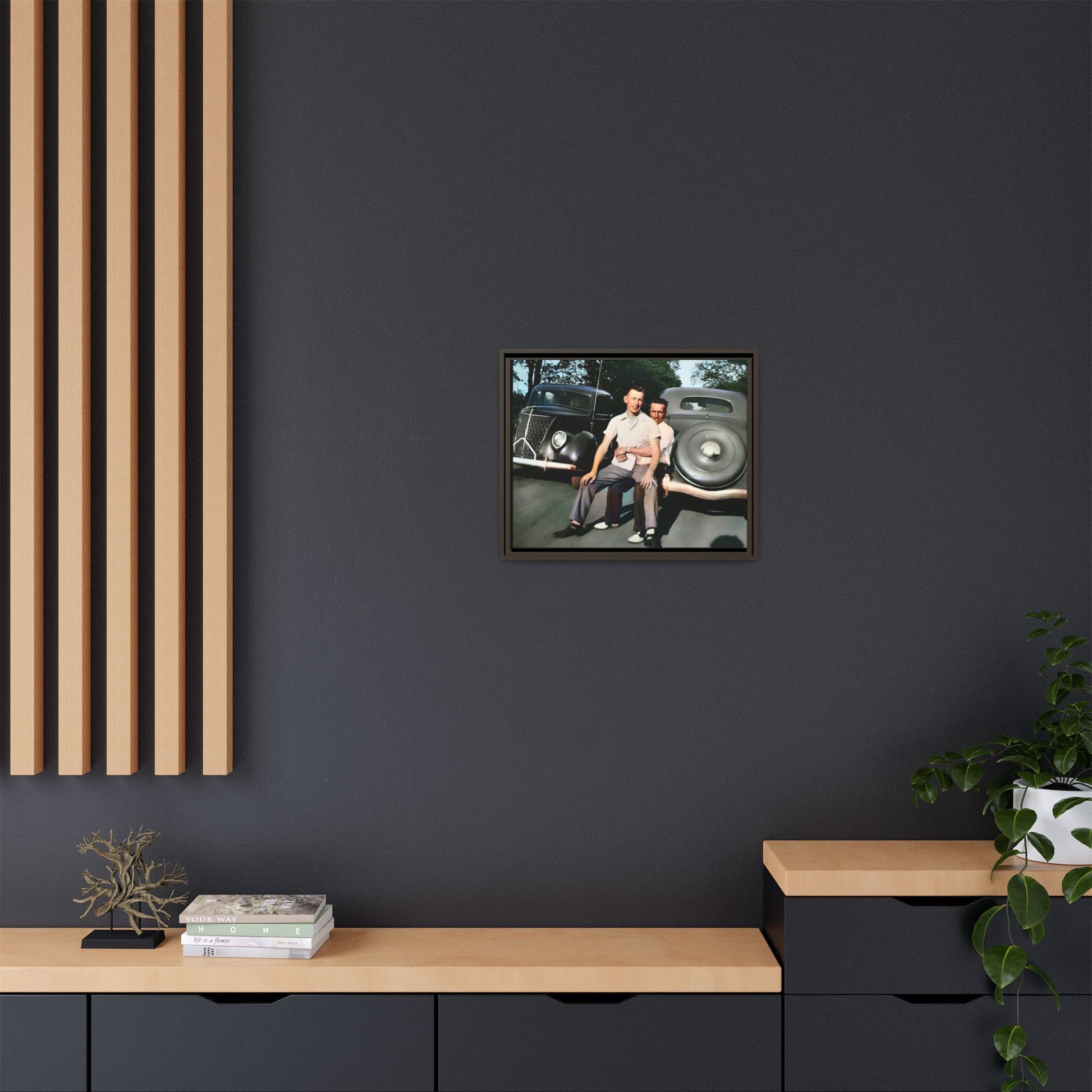 Restored vintage photograph of Andrew and Eugene seated on a classic car bumper in 1930s Lincoln, Nebraska. Framed matte canvas print celebrating LGBTQ+ history, love, and timeless companionship. Gay Couple