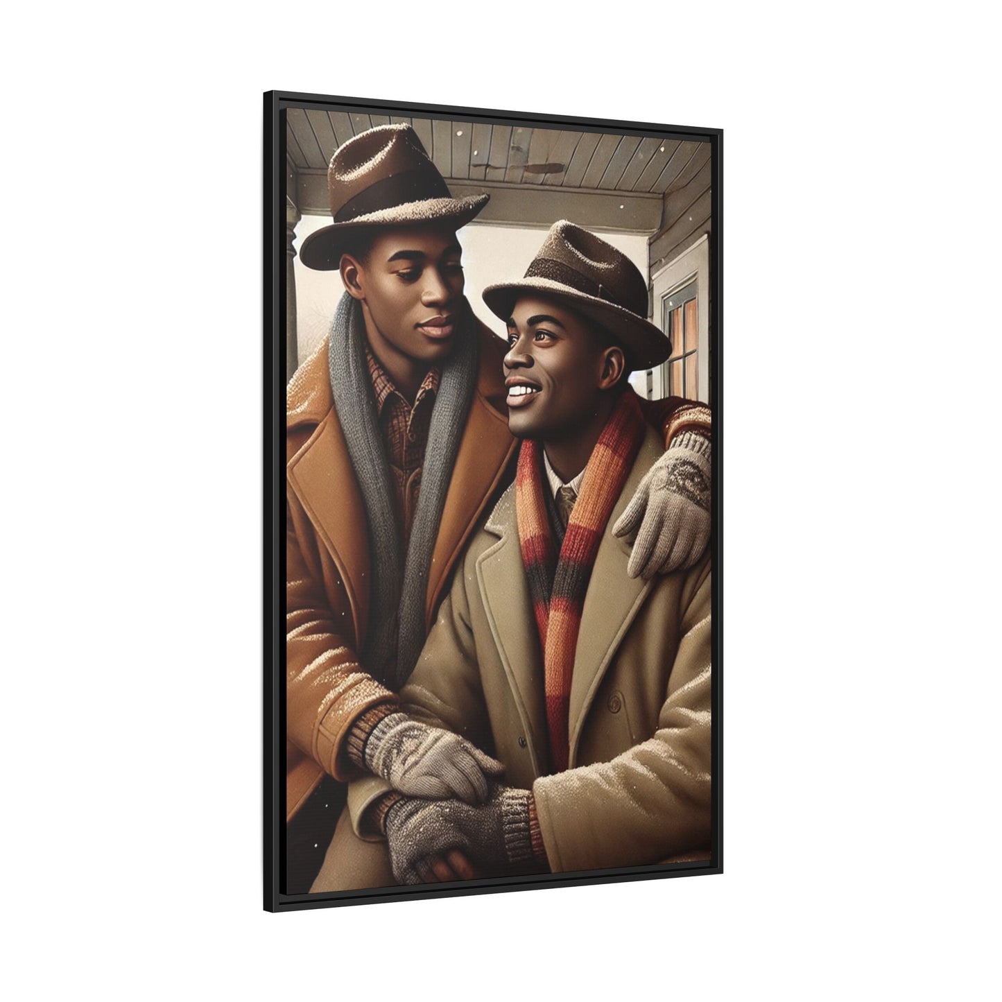 Artwork of an African-American gay couple sharing a cozy winter moment on a porch. Dressed in vintage winter attire with fedoras, scarves, and warm coats, they exchange affectionate gazes amidst softly falling snow, capturing love, warmth, and intimacy in a nostalgic winter setting.