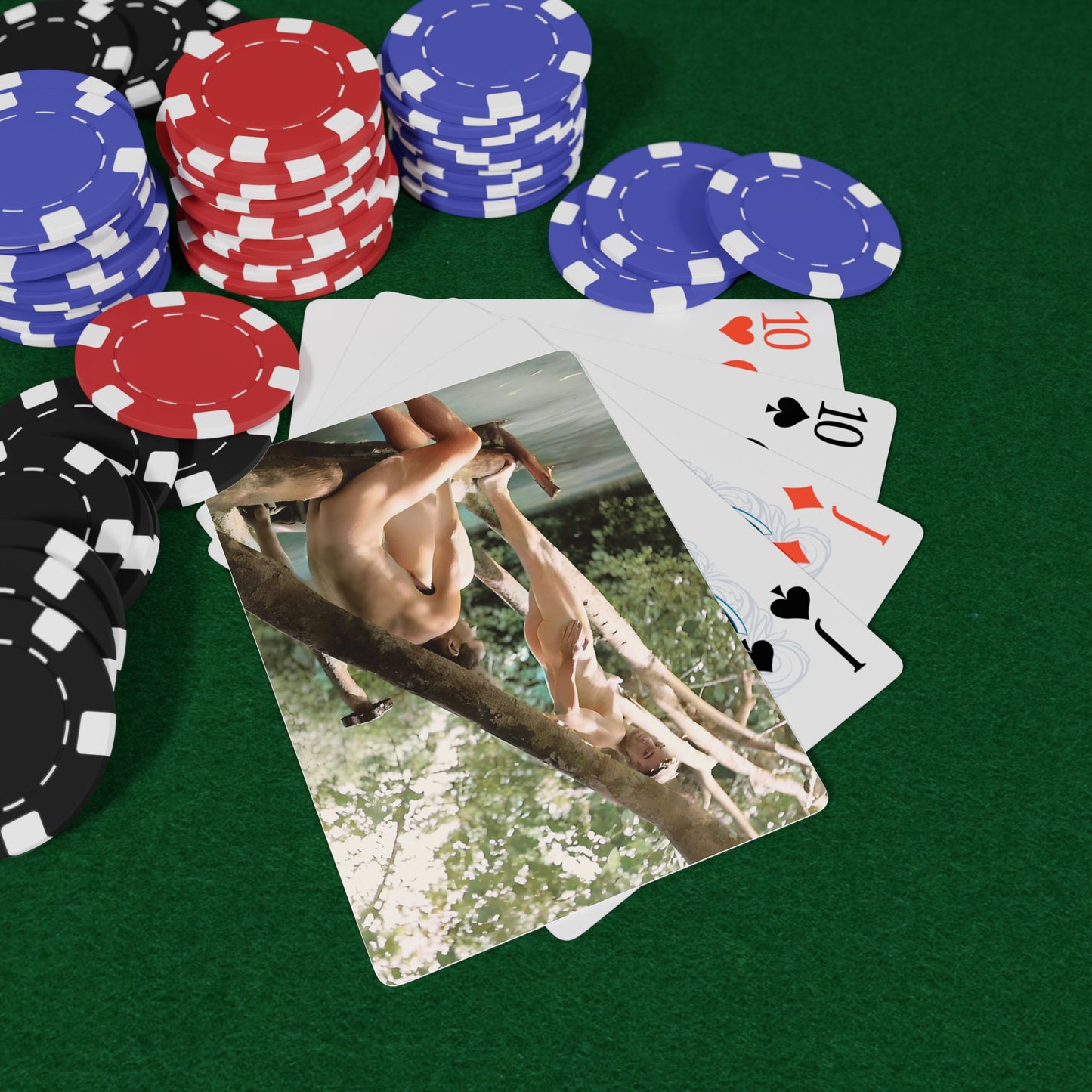 Vintage poker cards featuring a restored photo of two men by the James River, embracing nature and carefree summer fun. Men Skinny Dipping.