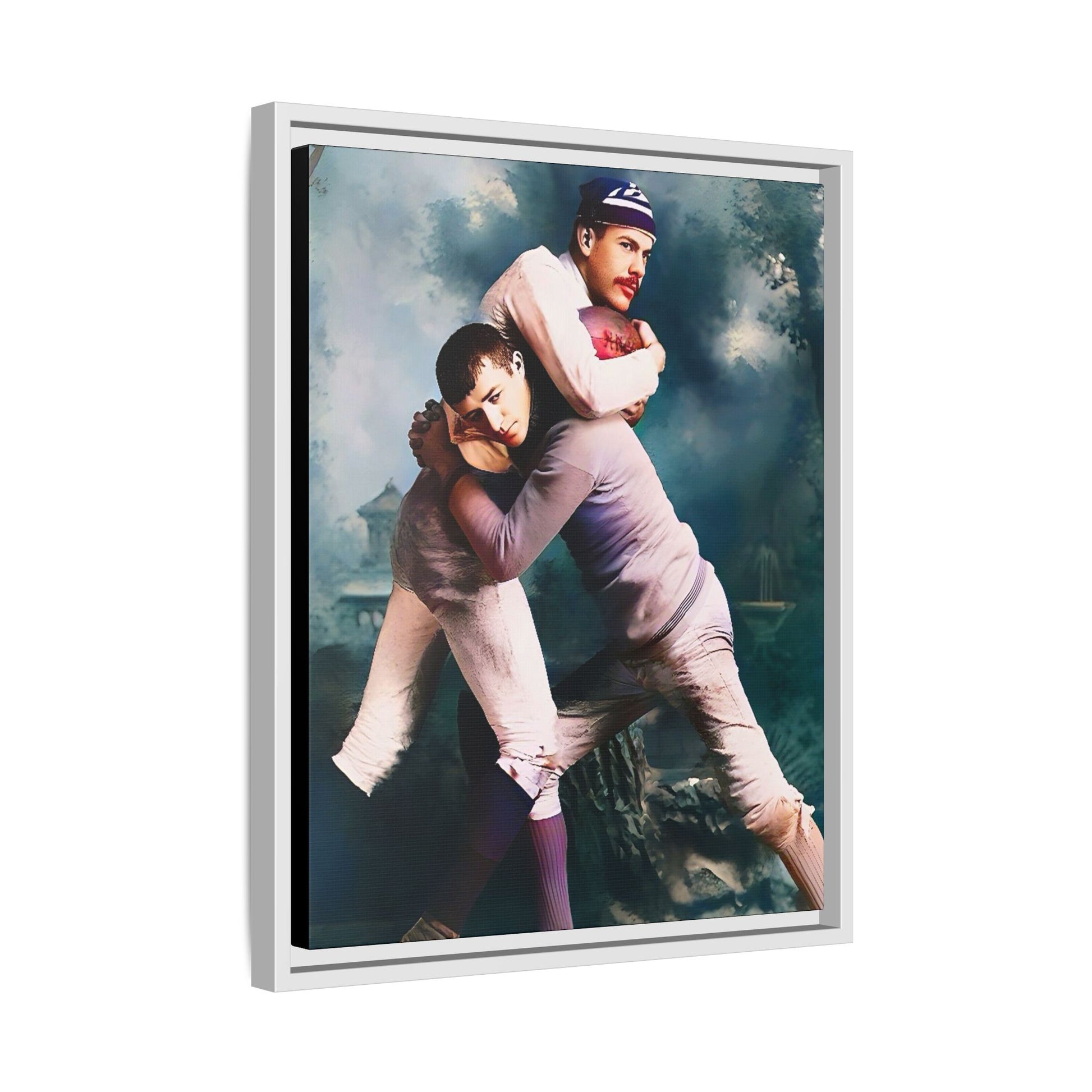 A framed vintage sports portrait on matte canvas featuring Theodore and Patrick in Chapel Hill, North Carolina, capturing timeless strength, camaraderie, and connection.
