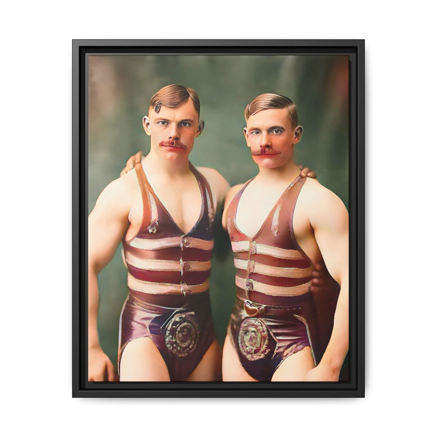 Restored early 1900s vintage photograph of Oscar and Herman in Pittsburgh, Pennsylvania, wearing striped singlets. Framed matte canvas art celebrating love, strength, and LGBTQ+ history. Gay Circus Couple Performers