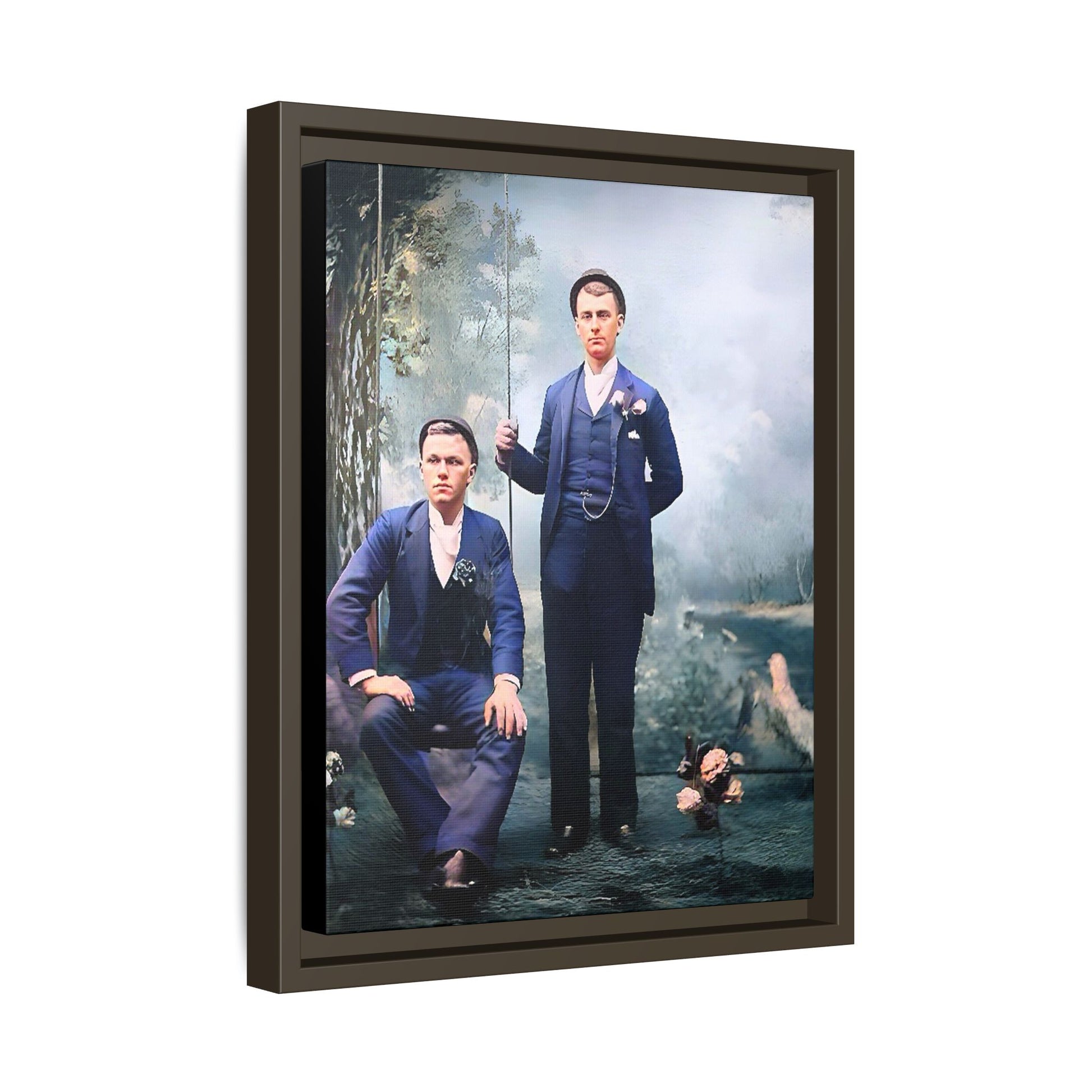 A restored vintage portrait of David & Earnest in Monongahela City, Pennsylvania. This framed matte canvas honors LGBTQ+ history, elegance, and enduring love. Gay Couple