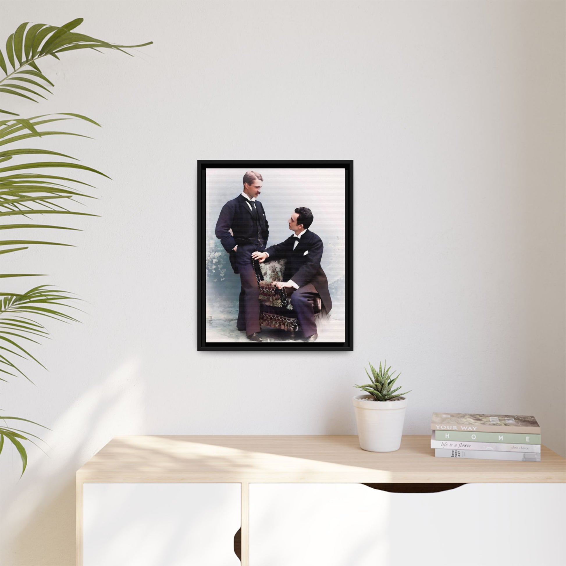 A beautifully restored vintage portrait of Ernest & Richard in Wilmington, North Carolina, exuding elegance and deep connection. Dressed in refined suits, their poised expressions capture a timeless LGBTQ+ love story, making this framed matte canvas print a stunning historical art piece for collectors and enthusiasts.