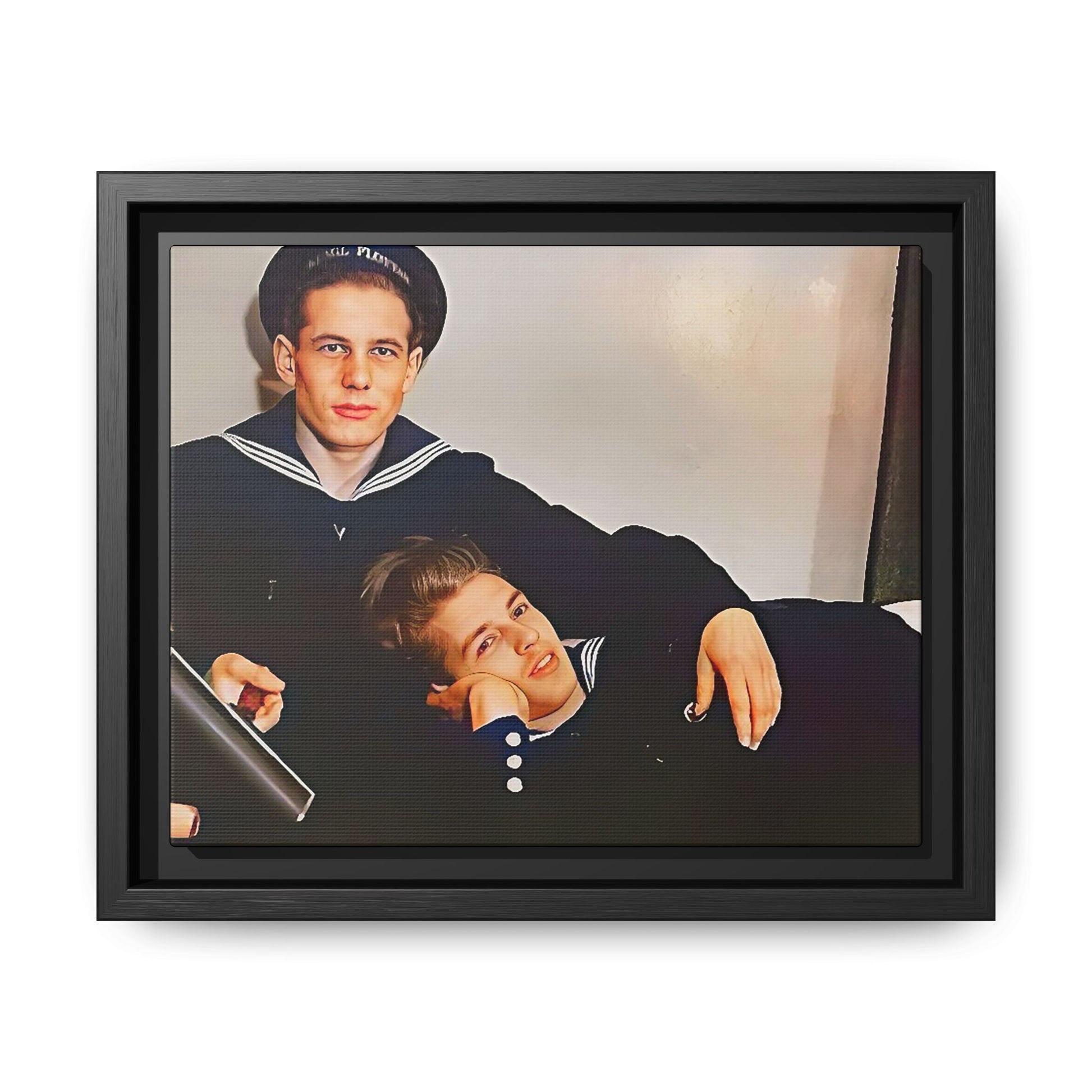 Framed vintage gay sailor portrait of Dmitriy and Mischa in navy uniforms, Sochi, Russia