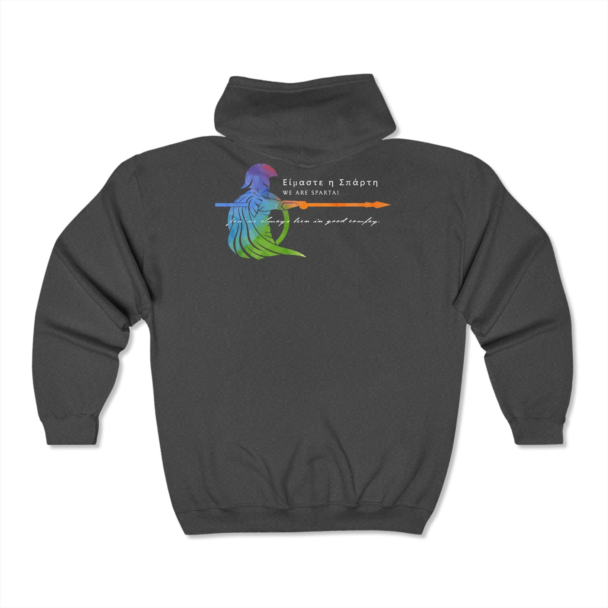 Rainbow Spartan Pride Hoodie with Greek phrase "We Are Sparta" celebrating LGBTQIA courage and unity