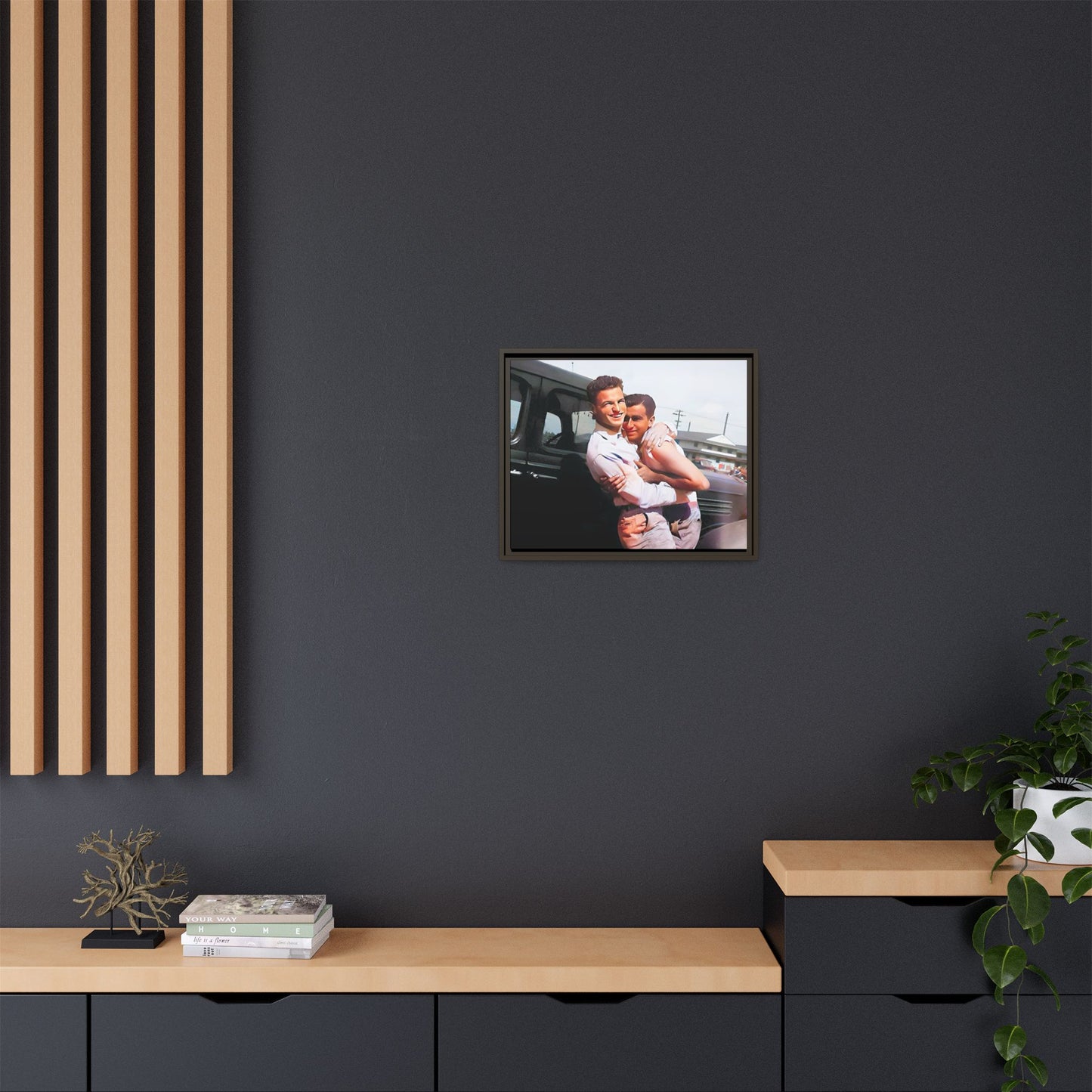 A framed vintage love portrait on matte canvas featuring Henry and Raymond in Peoria, Illinois, capturing timeless LGBTQ+ connection and joy. Gay Couple