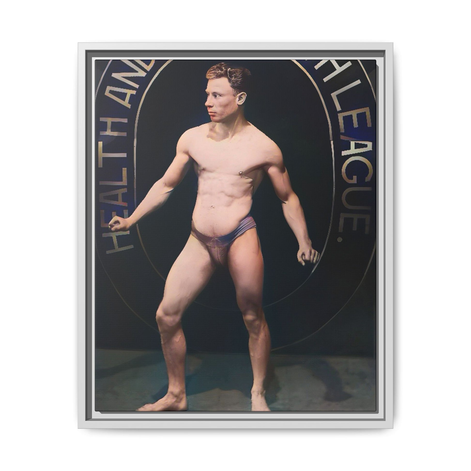 Restored vintage photo of Robert, a young bodybuilder from Manchester, UK, circa early 20th century, framed canvas
