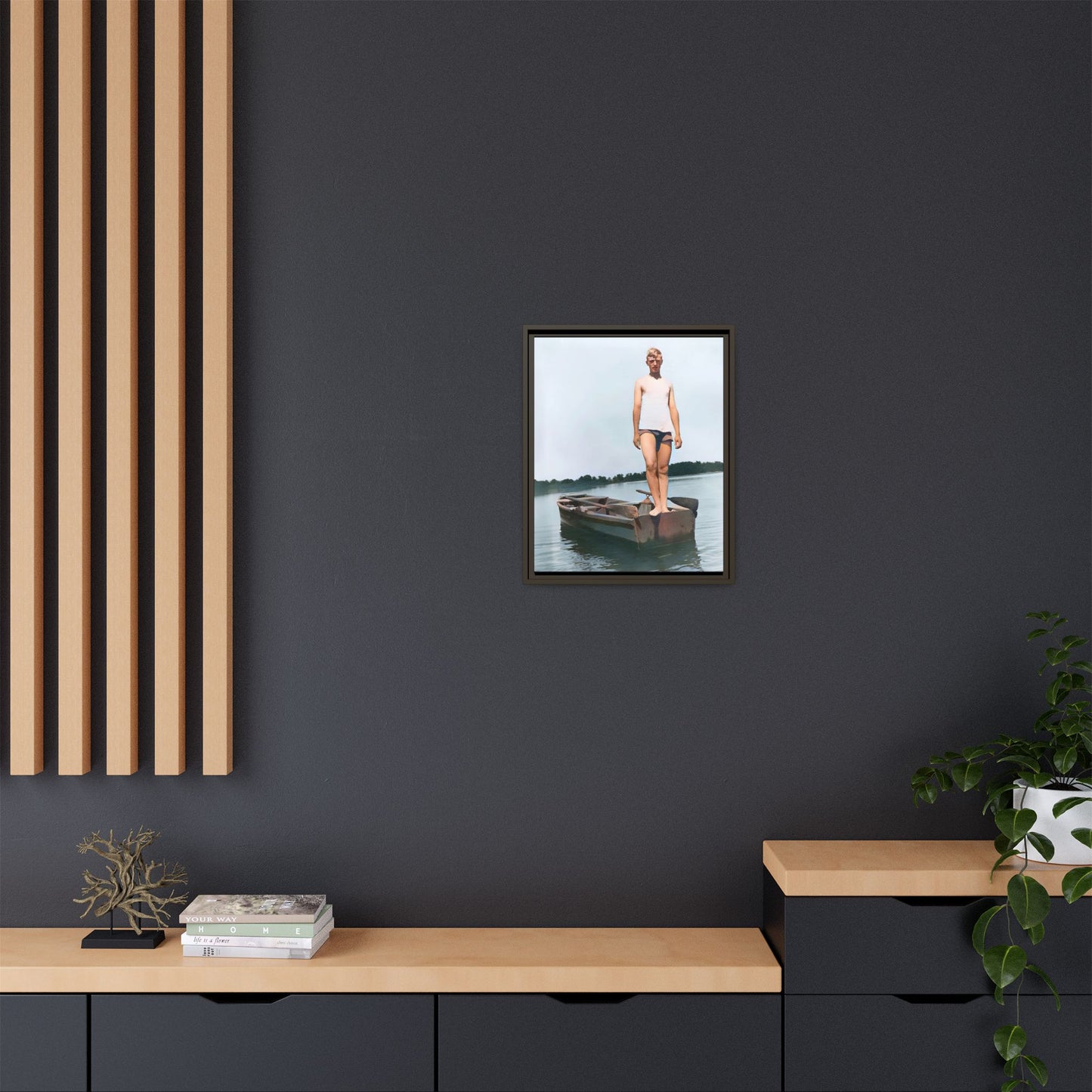 A framed vintage lake portrait on matte canvas featuring George standing on a rowboat at Creve Coeur Lake, Missouri, capturing timeless outdoor nostalgia.