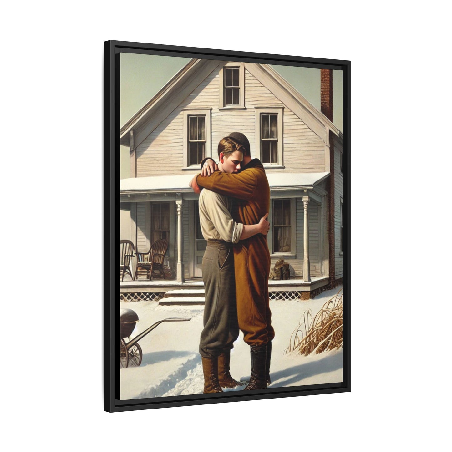 Artwork of a tender moment between a gay couple embracing outside a farmhouse in a snowy, rural landscape. Dressed in vintage attire, the two men find warmth and comfort in each other’s arms, capturing love and connection in a serene, Americana winter setting