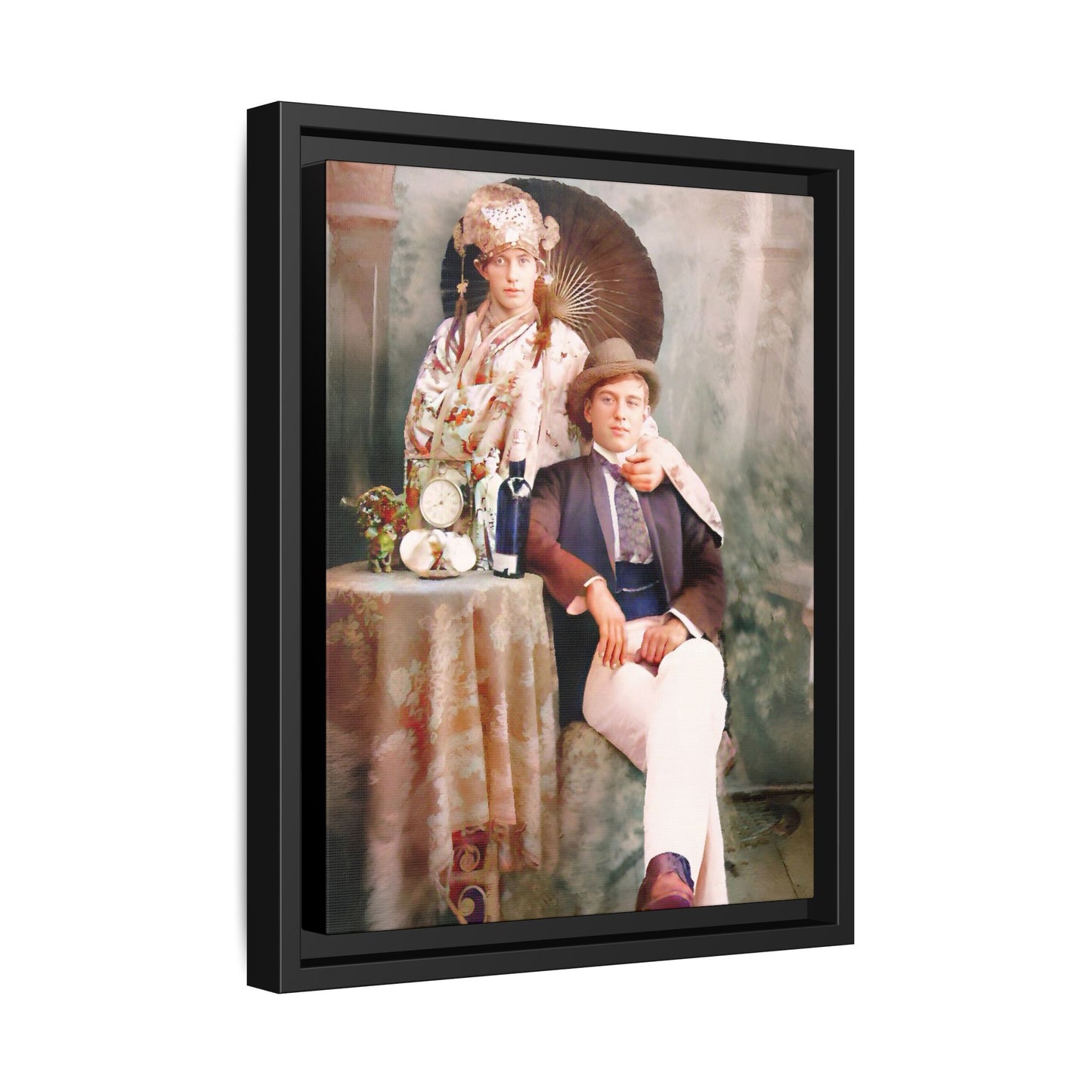 Restored early 1900s vintage photo from Mystic Memphi Carnival in Memphis, Tennessee, featuring elegance and creativity. Framed matte canvas art celebrating individuality and historical charm.  Gay Couple