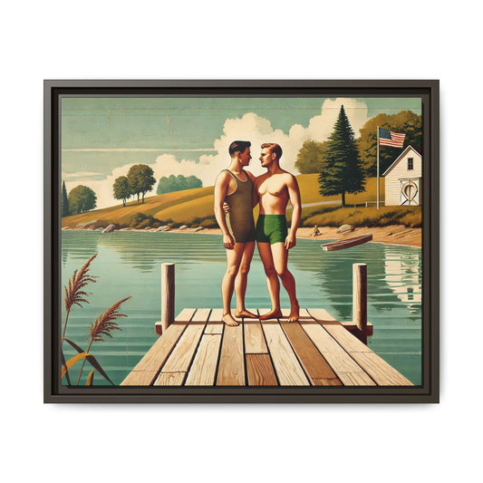 Framed artwork of a gay couple sharing a tender moment on a wooden dock by a peaceful lake, dressed in vintage swimwear. Set against rolling hills and a lakeside cabin, this nostalgic scene honors LGBTQ+ love in a serene Midwestern summer setting.