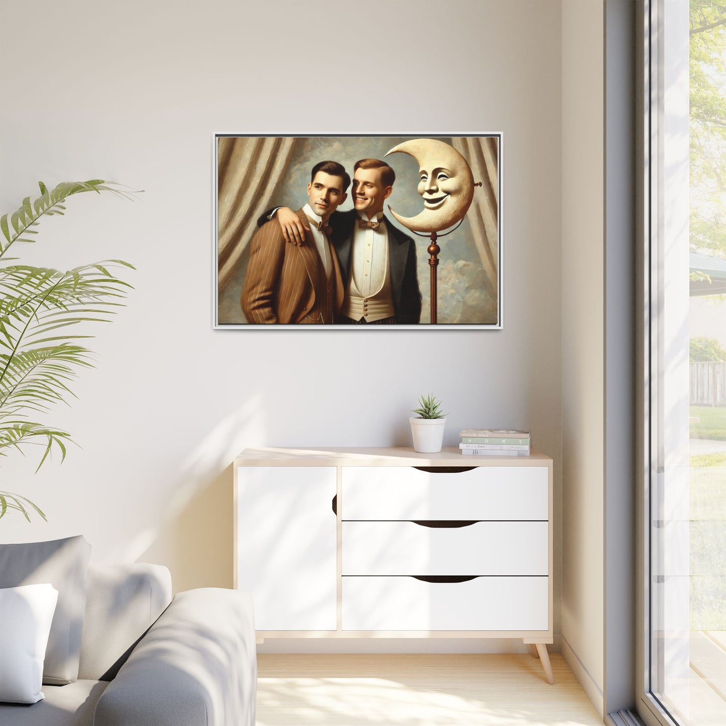 Framed matte canvas artwork of two men in vintage tuxedos standing beside a crescent moon prop. This piece reclaims LGBTQ+ representation lost to bias and honors everyday moments of affection and connection once absent from historical archives.