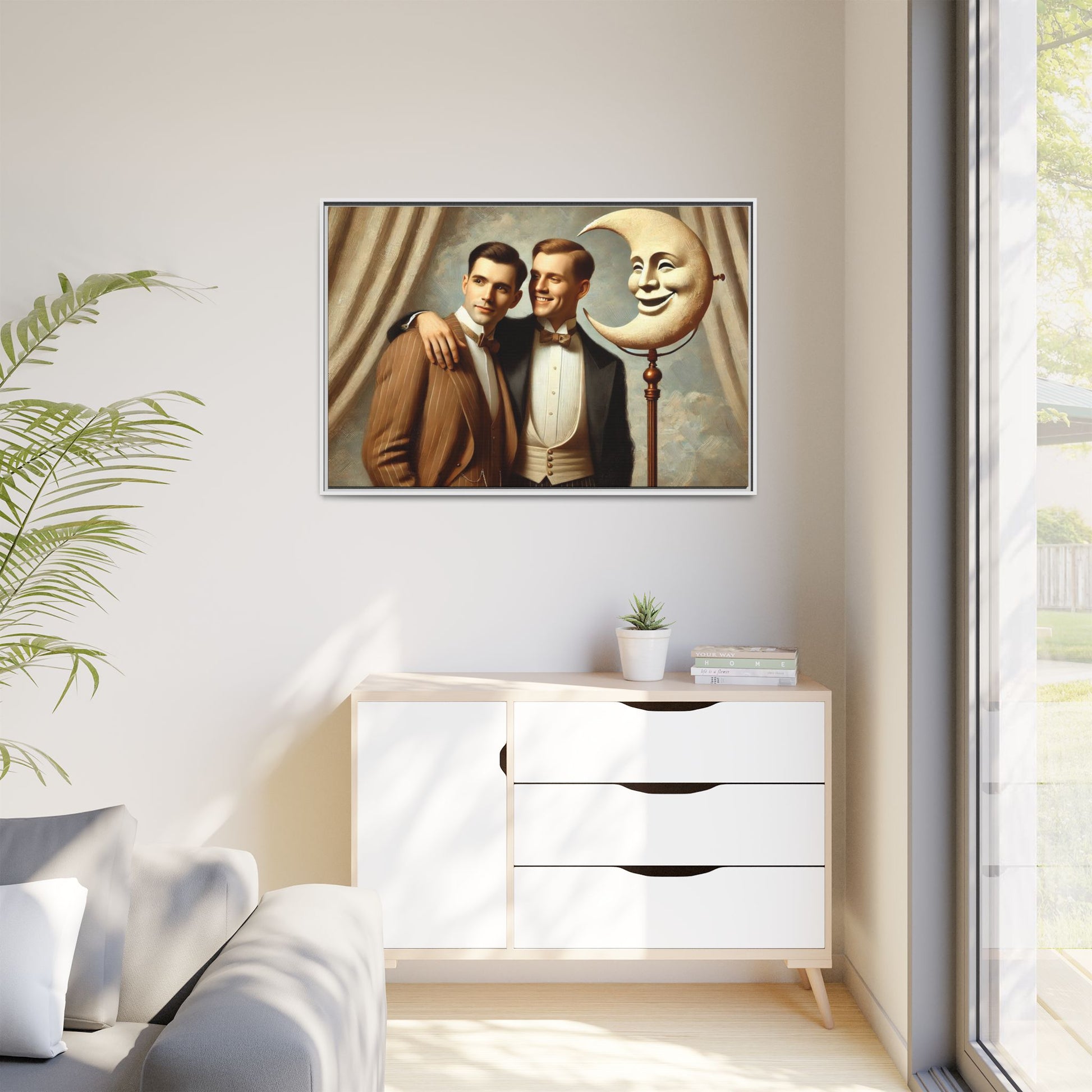 Framed matte canvas artwork of two men in vintage tuxedos standing beside a crescent moon prop. This piece reclaims LGBTQ+ representation lost to bias and honors everyday moments of affection and connection once absent from historical archives.