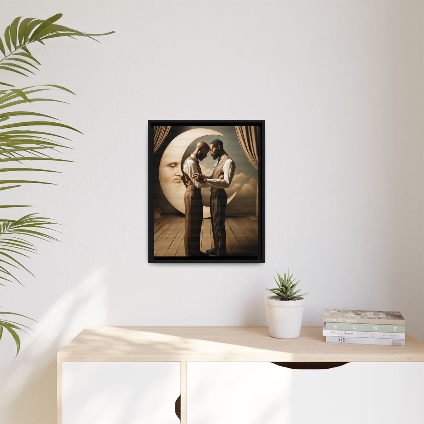 Two Black men in vintage 1920s clothing stand forehead to forehead, embraced beneath a glowing crescent moon. A theatrical scene honoring queer love, memory, and history, reclaiming moments that were never captured due to cultural bias.