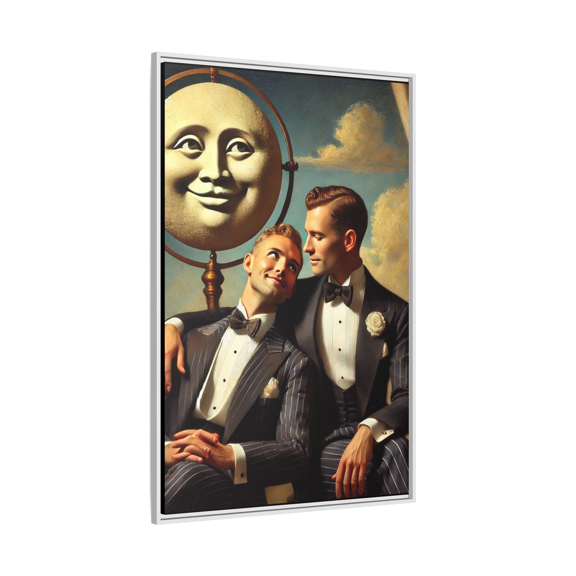 Framed matte canvas portrait featuring two young men in vintage overalls with a crescent moon prop above them. This artwork from the Missing Art Studies series reclaims LGBTQ+ imagery that may have been lost to bias, presenting warmth, intimacy, and presence.