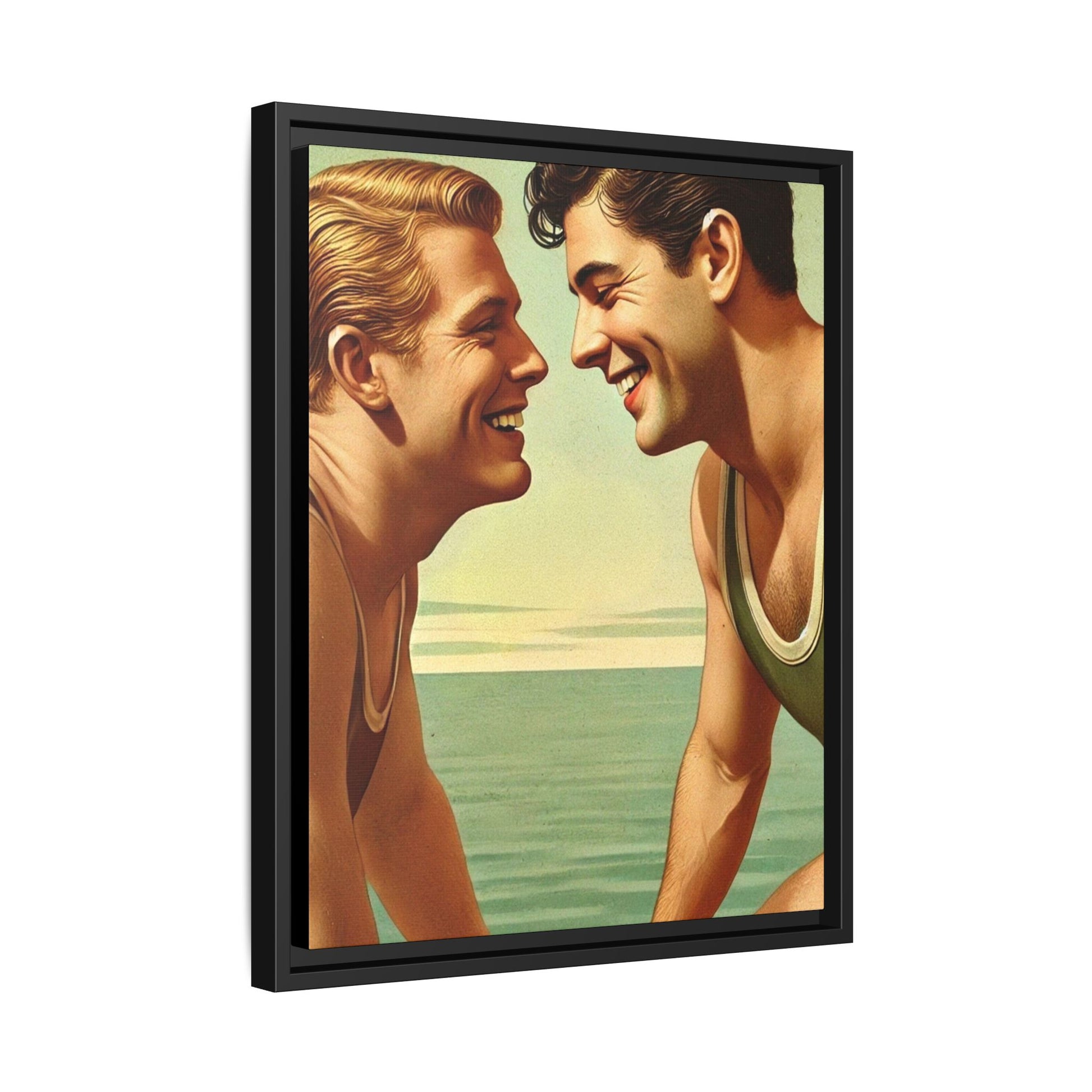 Vintage-style artwork of a joyful 1930s moment between a gay couple by the lake, dressed in classic swimwear and sharing warm smiles. Set on a serene wooden dock, this piece captures love, companionship, and LGBTQ+ history in an idyllic, nostalgic summer setting.