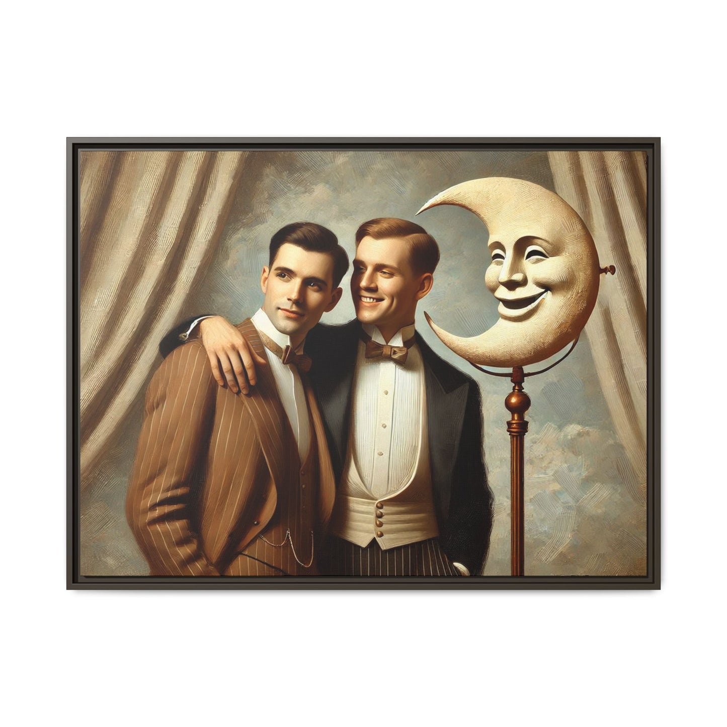 Framed matte canvas artwork of two men in vintage tuxedos standing beside a crescent moon prop. This piece reclaims LGBTQ+ representation lost to bias and honors everyday moments of affection and connection once absent from historical archives.