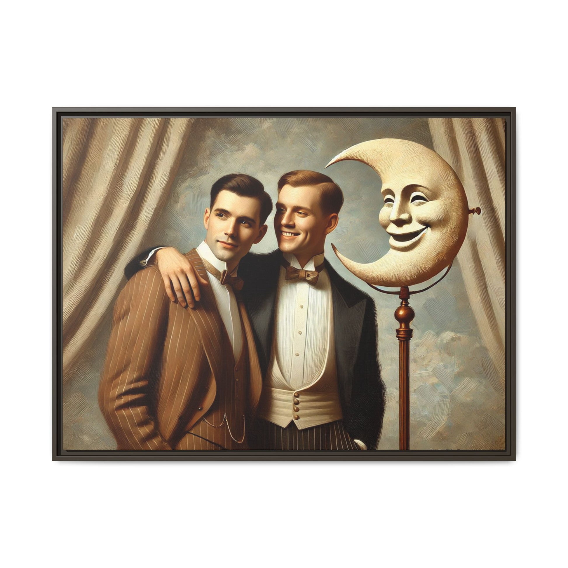 Framed matte canvas artwork of two men in vintage tuxedos standing beside a crescent moon prop. This piece reclaims LGBTQ+ representation lost to bias and honors everyday moments of affection and connection once absent from historical archives.