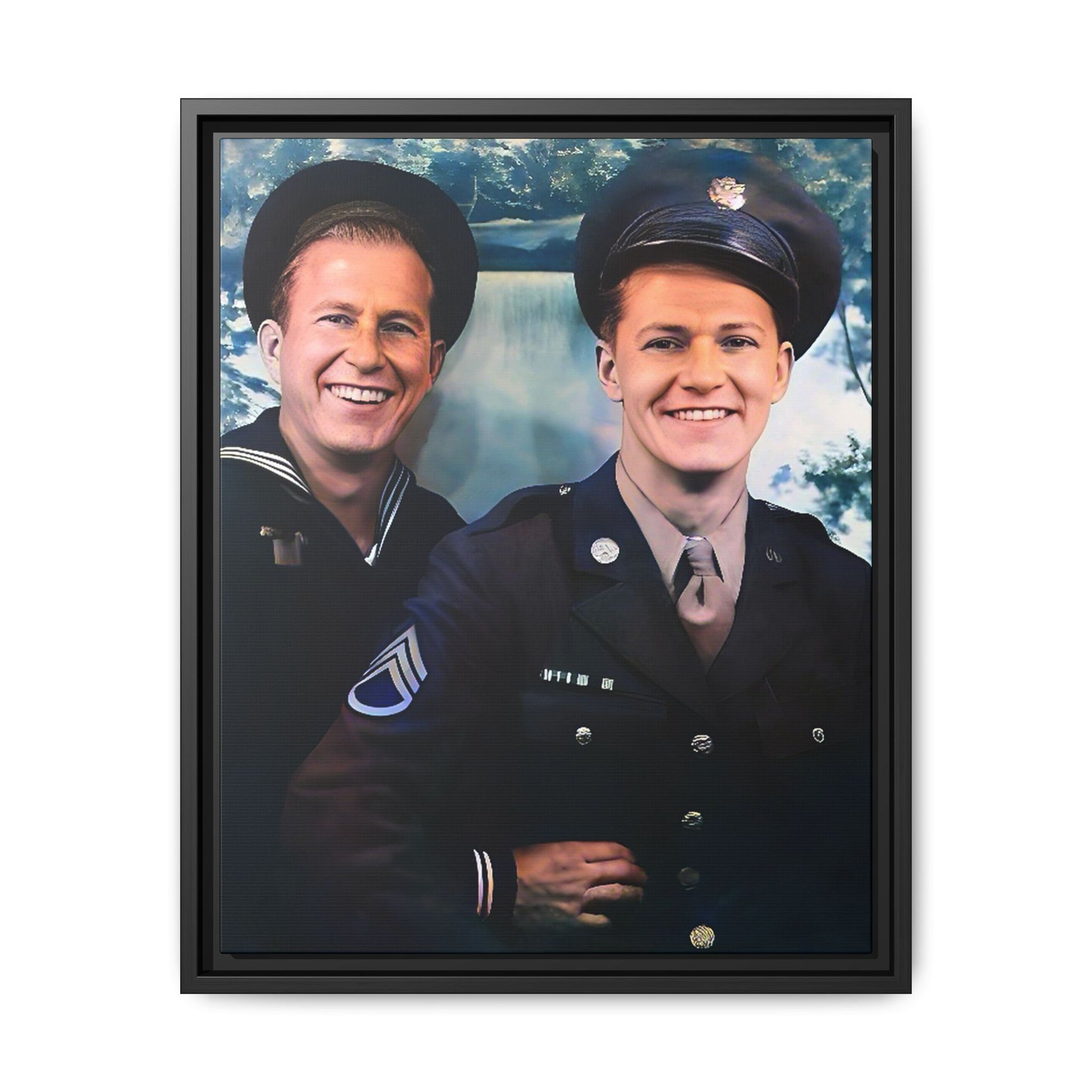 A framed vintage military portrait on matte canvas featuring a sailor and a soldier in Scapa Flow, Scotland, symbolizing service and camaraderie. Gay Couple