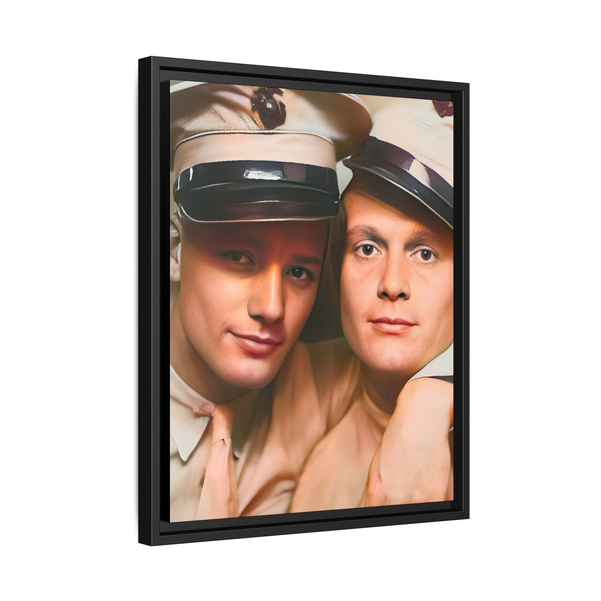Restored vintage photograph of Paul and Ralph, an early 20th-century LGBTQ+ military couple from Camp Atterbury, Indiana. Framed matte canvas print celebrating love, courage, and LGBTQ+ history. Gay Couple Photo Booth