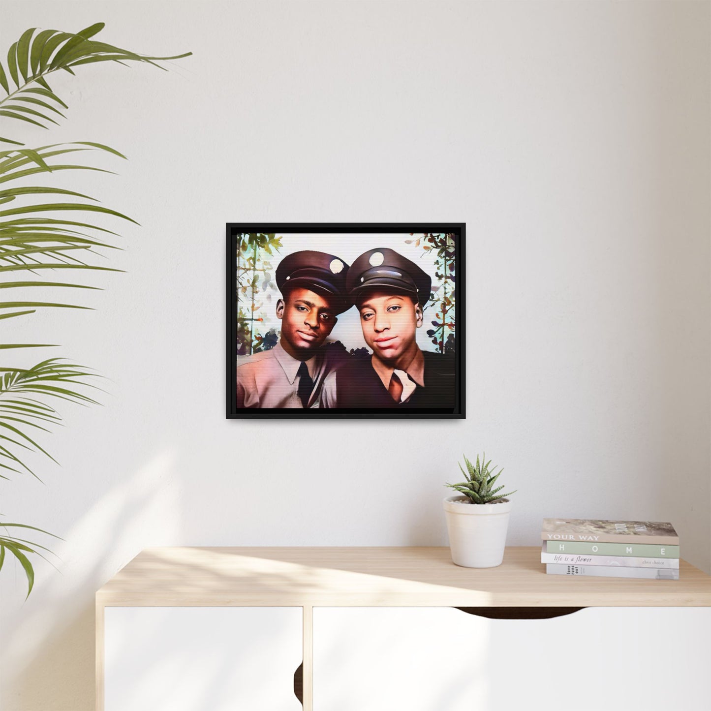 Vintage portrait of Deion & Marcus in Lexington, KY. Framed matte canvas celebrating African-American LGBTQ+ history, showcasing unity and timeless love. Perfect for collectors, art enthusiasts, and those honoring diversity and inclusion through decor.