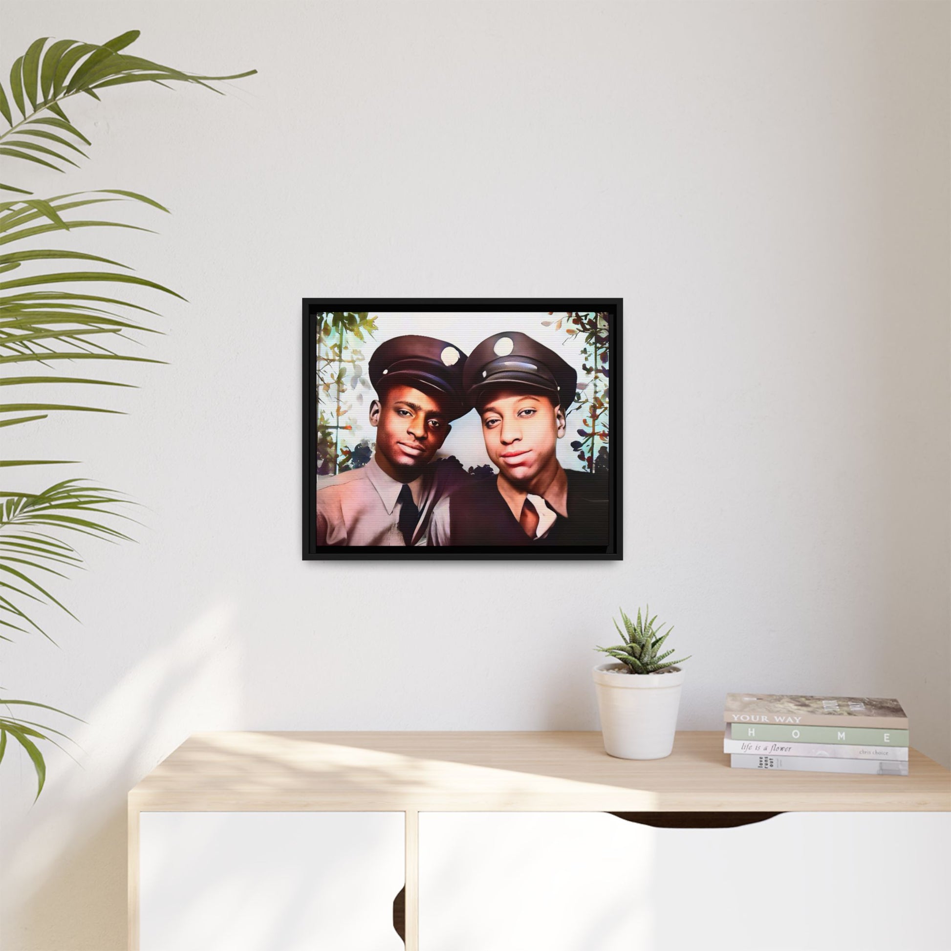 Vintage portrait of Deion & Marcus in Lexington, KY. Framed matte canvas celebrating African-American LGBTQ+ history, showcasing unity and timeless love. Perfect for collectors, art enthusiasts, and those honoring diversity and inclusion through decor.