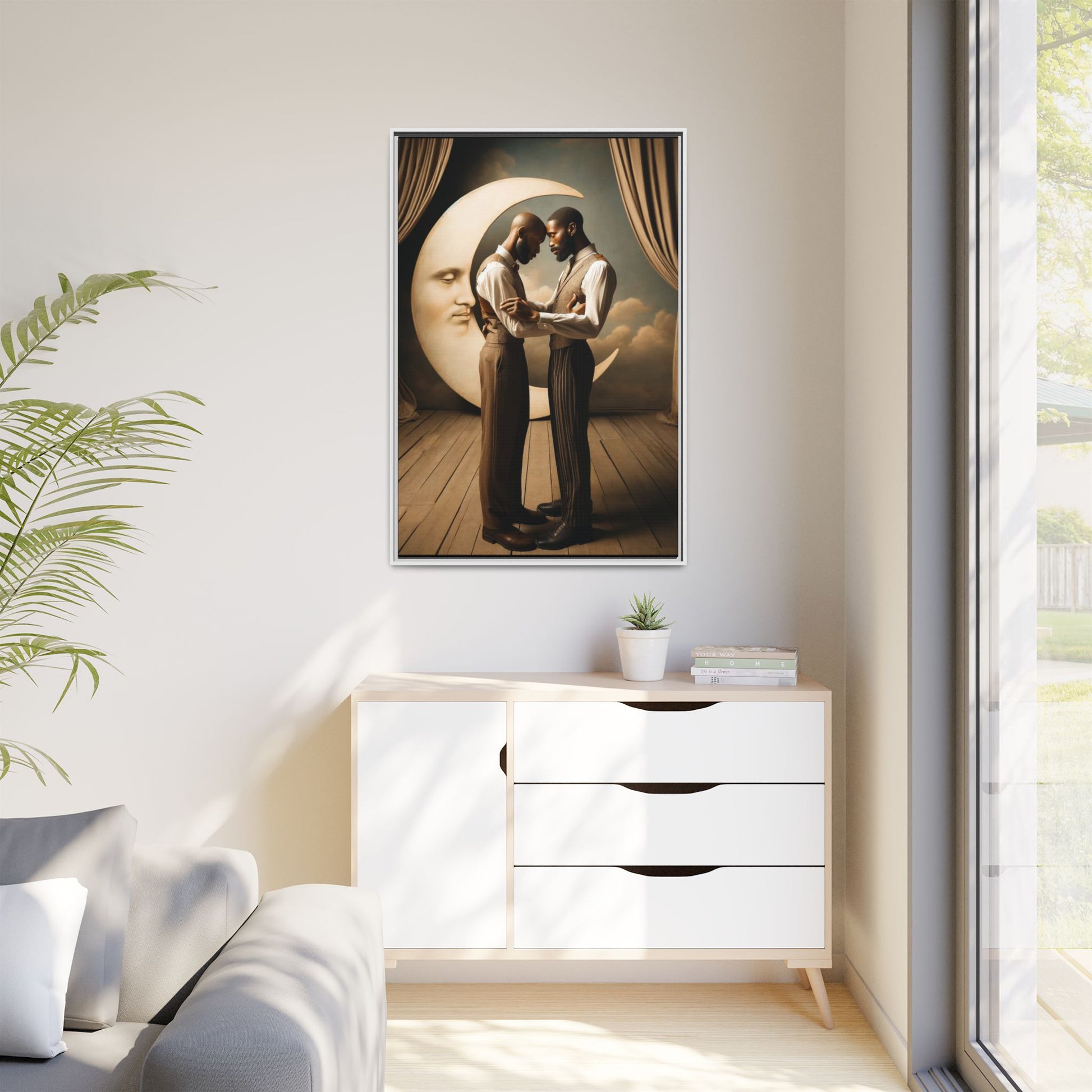 Two Black men in vintage 1920s clothing stand forehead to forehead, embraced beneath a glowing crescent moon. A theatrical scene honoring queer love, memory, and history, reclaiming moments that were never captured due to cultural bias.