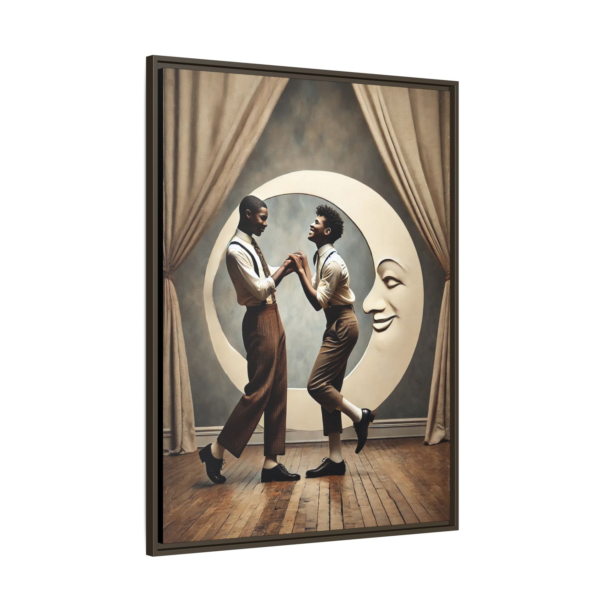 Two joyful young Black men dressed in 1920s fashion dancing in front of a crescent moon prop with a smiling face. This artwork reclaims erased queer love, offering a whimsical and powerful celebration of Black LGBTQ+ youth and history.