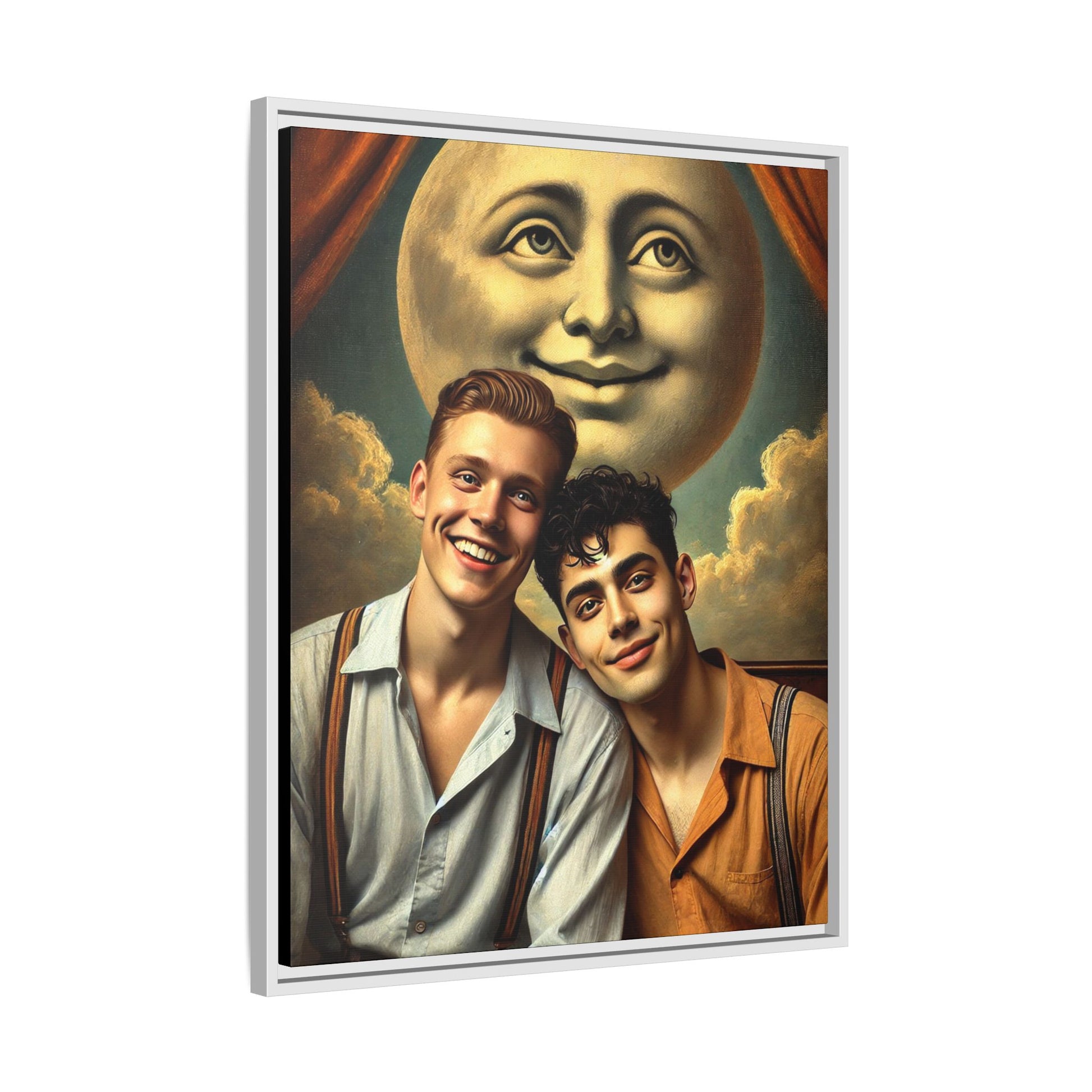 Framed artwork featuring a joyful queer couple in 1930s attire, seated close together beneath a smiling full moon in a theatrical studio setting. A celebration of reclaimed LGBTQ+ narratives in nostalgic portraiture.