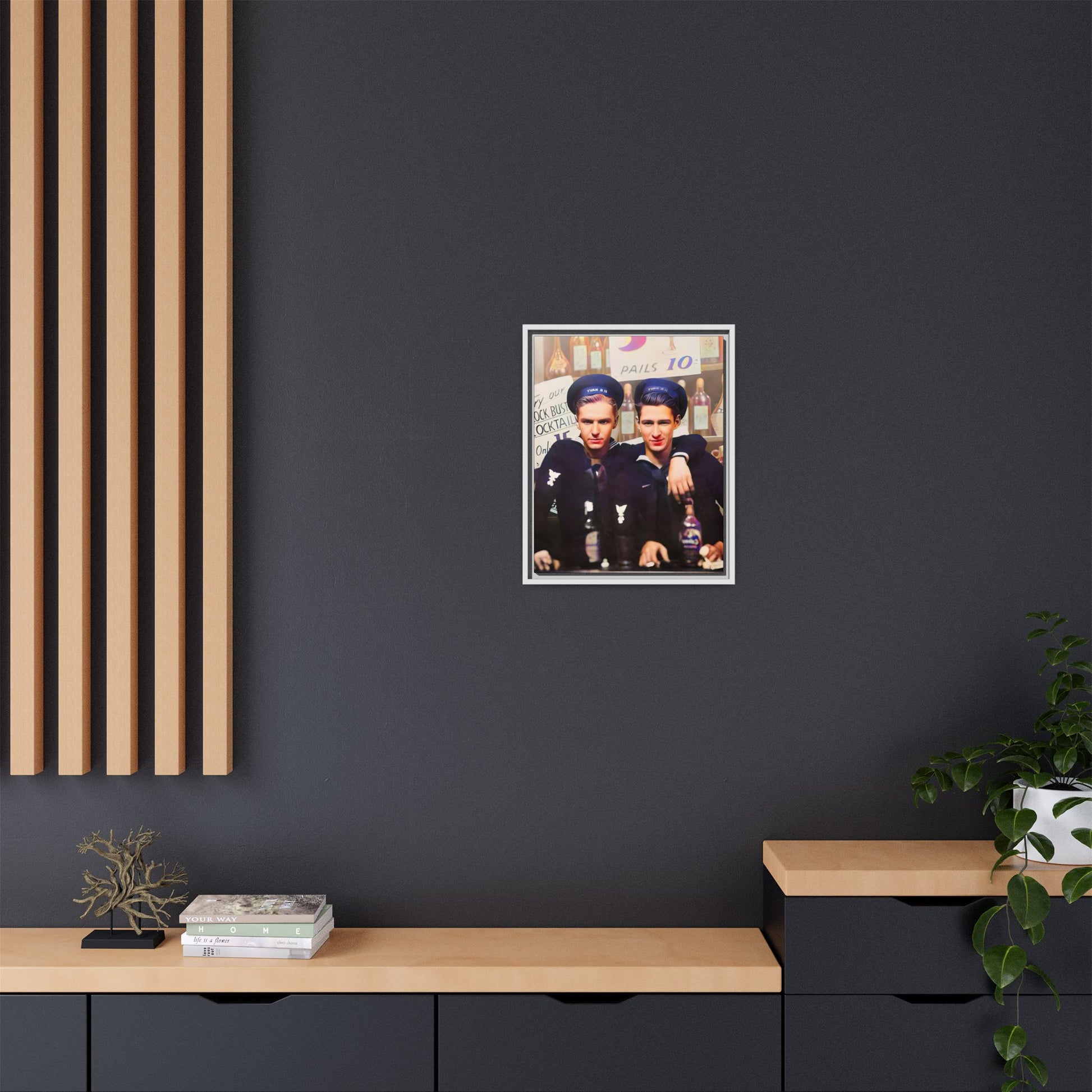 A restored vintage naval portrait of Leo & Vincent, two sailors at Norfolk Naval Station. This framed matte canvas captures LGBTQ+ history, camaraderie, and resilience in a timeless moment. Gay Couple