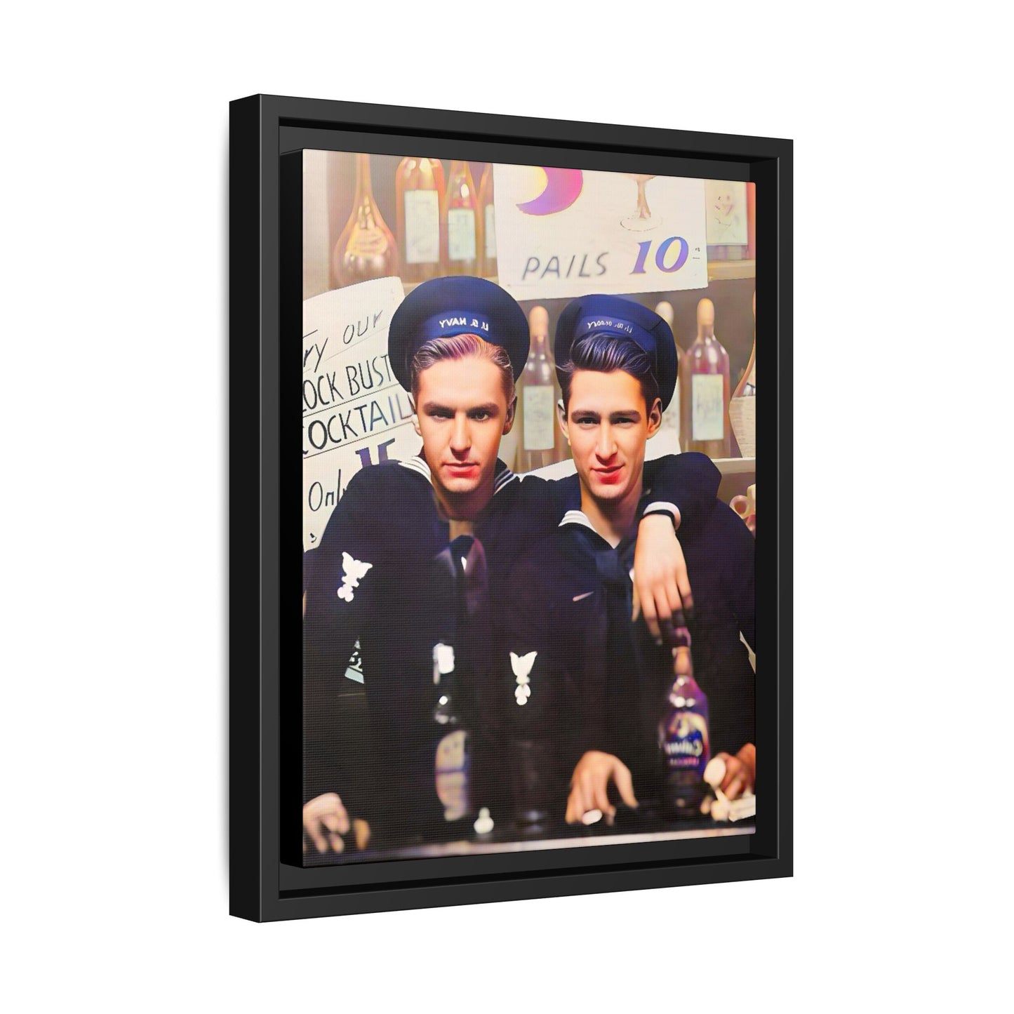 A restored vintage naval portrait of Leo & Vincent, two sailors at Norfolk Naval Station. This framed matte canvas captures LGBTQ+ history, camaraderie, and resilience in a timeless moment. Gay Couple