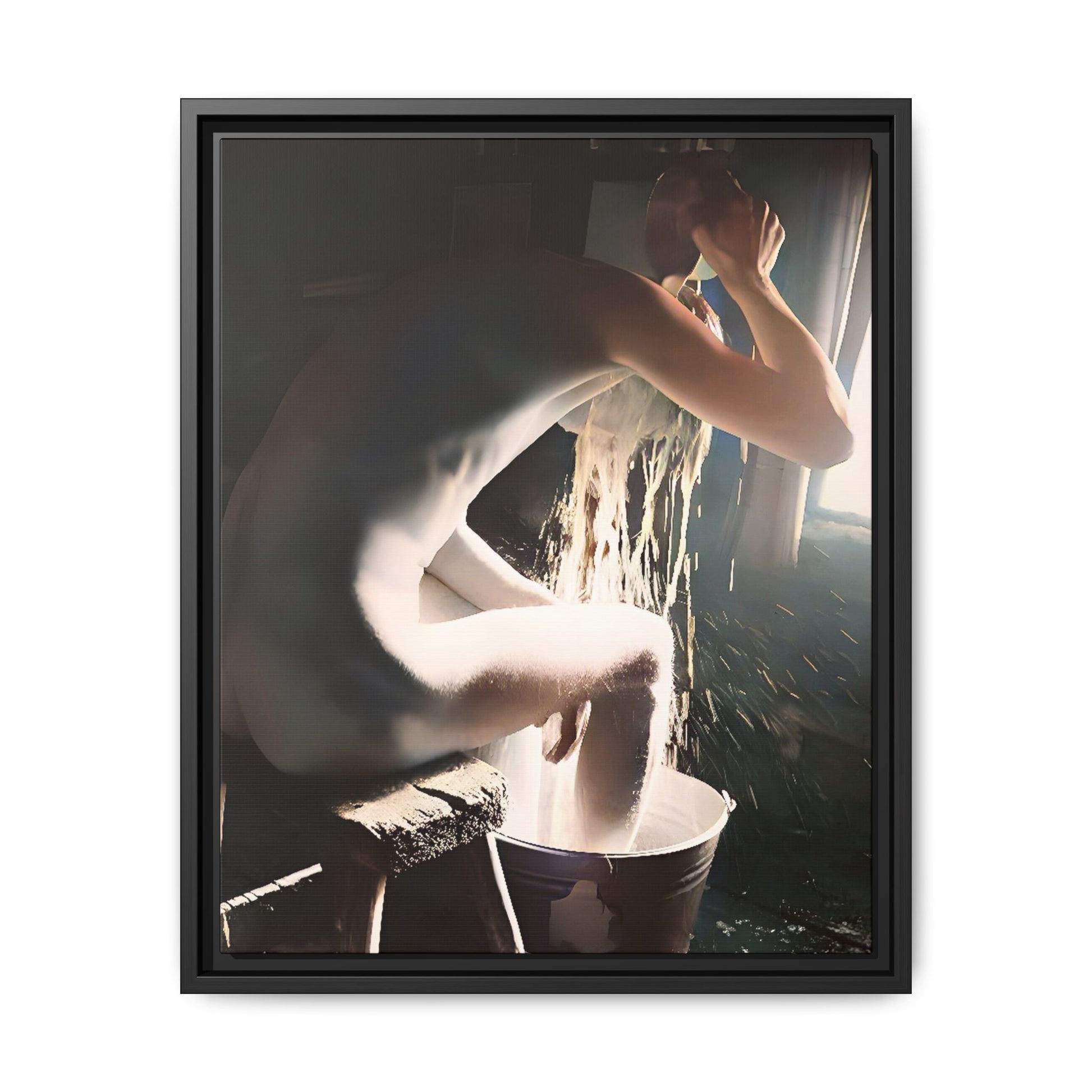 Restored early 20th-century photo of Roy during a rustic bathing ritual in Rock Springs, Wyoming, framed as wall décor celebrating simplicity and renewal.