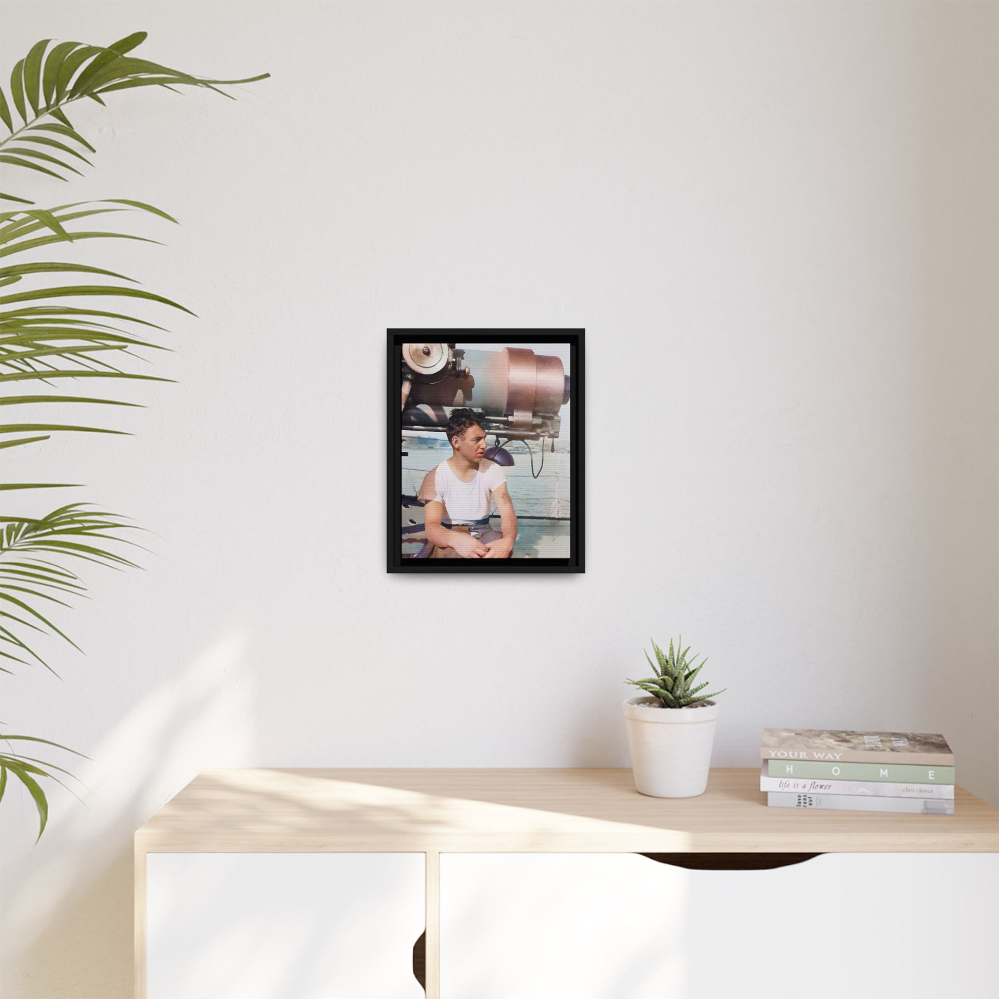 A restored vintage portrait of Harvey aboard the USS Oklahoma (BB-37). This framed matte canvas honors naval history, resilience, and service. Battleship Photo