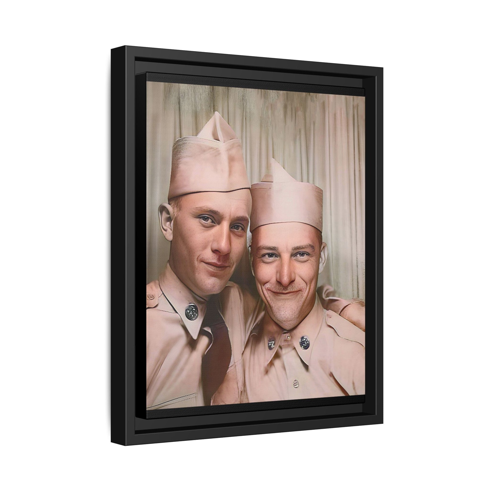 A framed vintage army portrait on matte canvas featuring two soldiers at Puget Sound Naval Shipyard, symbolizing friendship and service. Gay Couple Photo Booth
