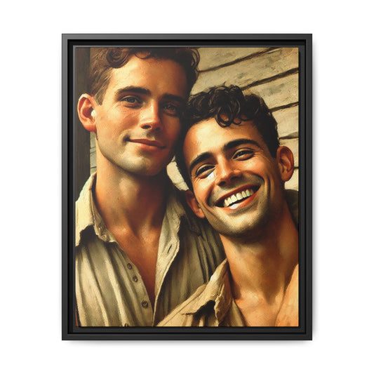 Artwork depicting a joyful moment between a young queer couple, embracing warmth and affection in vintage Americana style. Dressed in casual attire, their expressions radiate happiness and connection, celebrating LGBTQ+ love with a nostalgic, rustic backdrop