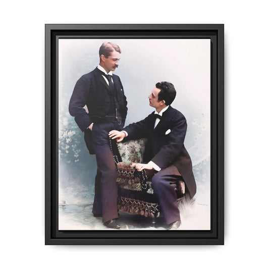A beautifully restored vintage portrait of Ernest & Richard in Wilmington, North Carolina, exuding elegance and deep connection. Dressed in refined suits, their poised expressions capture a timeless LGBTQ+ love story, making this framed matte canvas print a stunning historical art piece for collectors and enthusiasts.