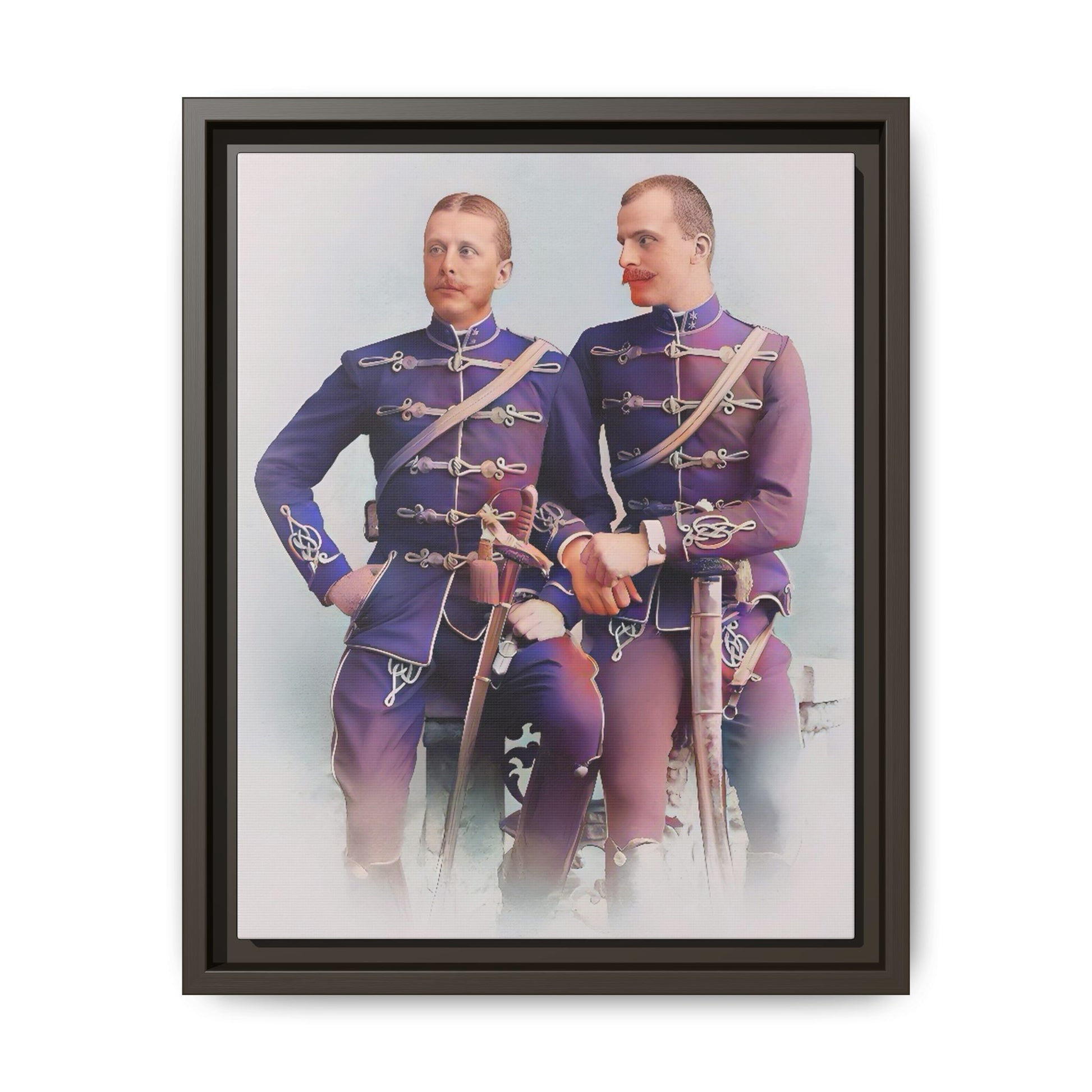 A restored vintage military portrait of Nicolae & Valeriu, elegantly framed to honor LGBTQ+ history and love.