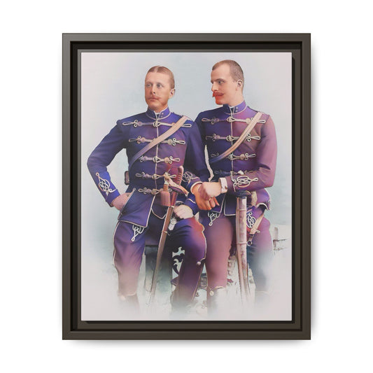 A restored vintage military portrait of Nicolae & Valeriu, elegantly framed to honor LGBTQ+ history and love.