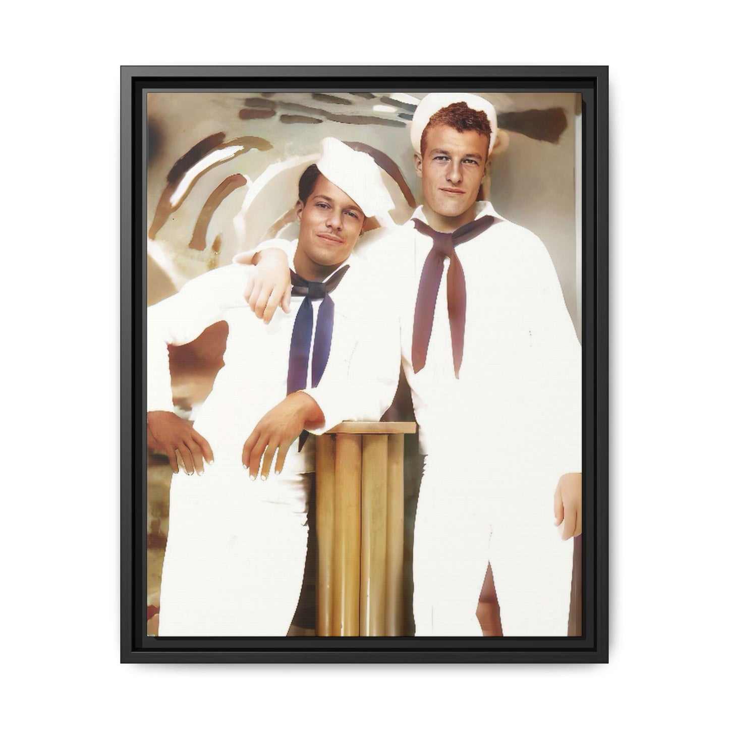 Vintage portrait of Leo & Russel aboard the USS South Dakota. Dressed in crisp naval whites, this LGBTQ+ military art print honors love, service, and history. A perfect addition for collectors, history lovers, and those who cherish authentic connections. African American Gay Juneteenth Black History Month Love Couple