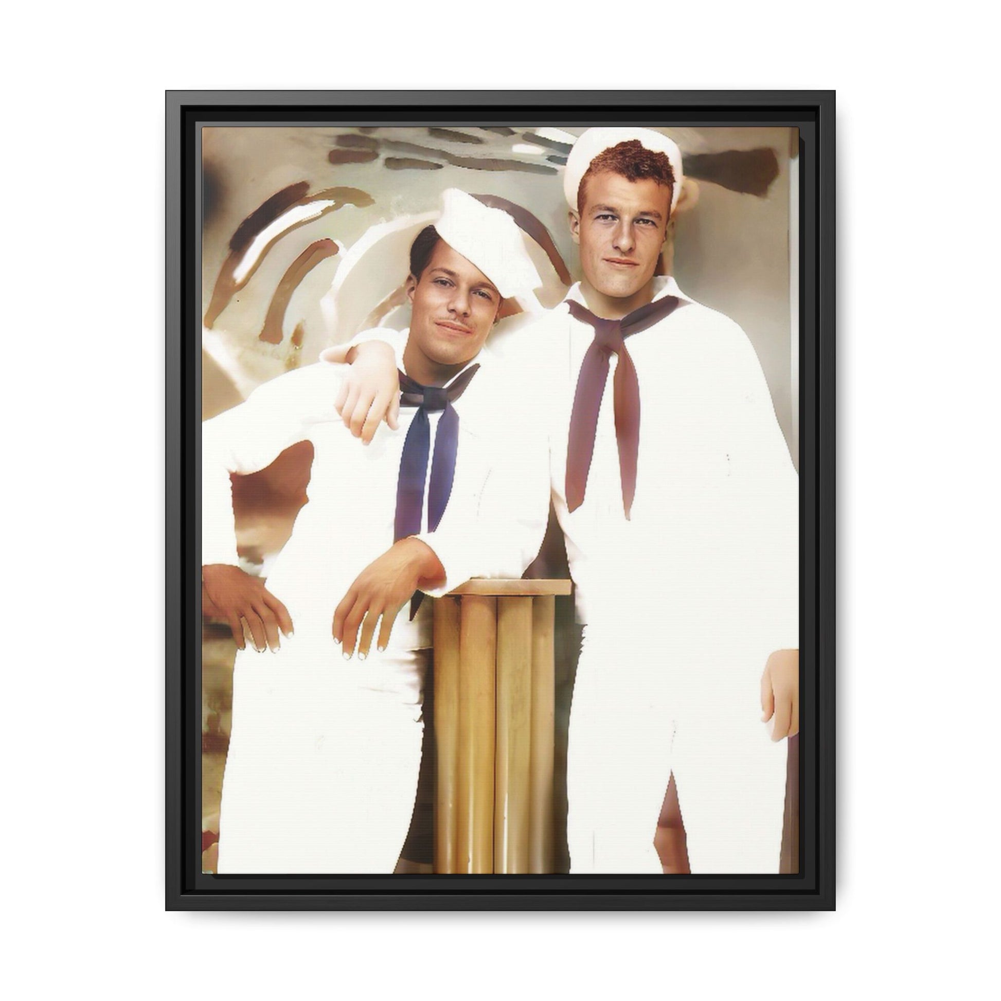 Vintage portrait of Leo & Russel aboard the USS South Dakota. Dressed in crisp naval whites, this LGBTQ+ military art print honors love, service, and history. A perfect addition for collectors, history lovers, and those who cherish authentic connections. African American Gay Juneteenth Black History Month Love Couple