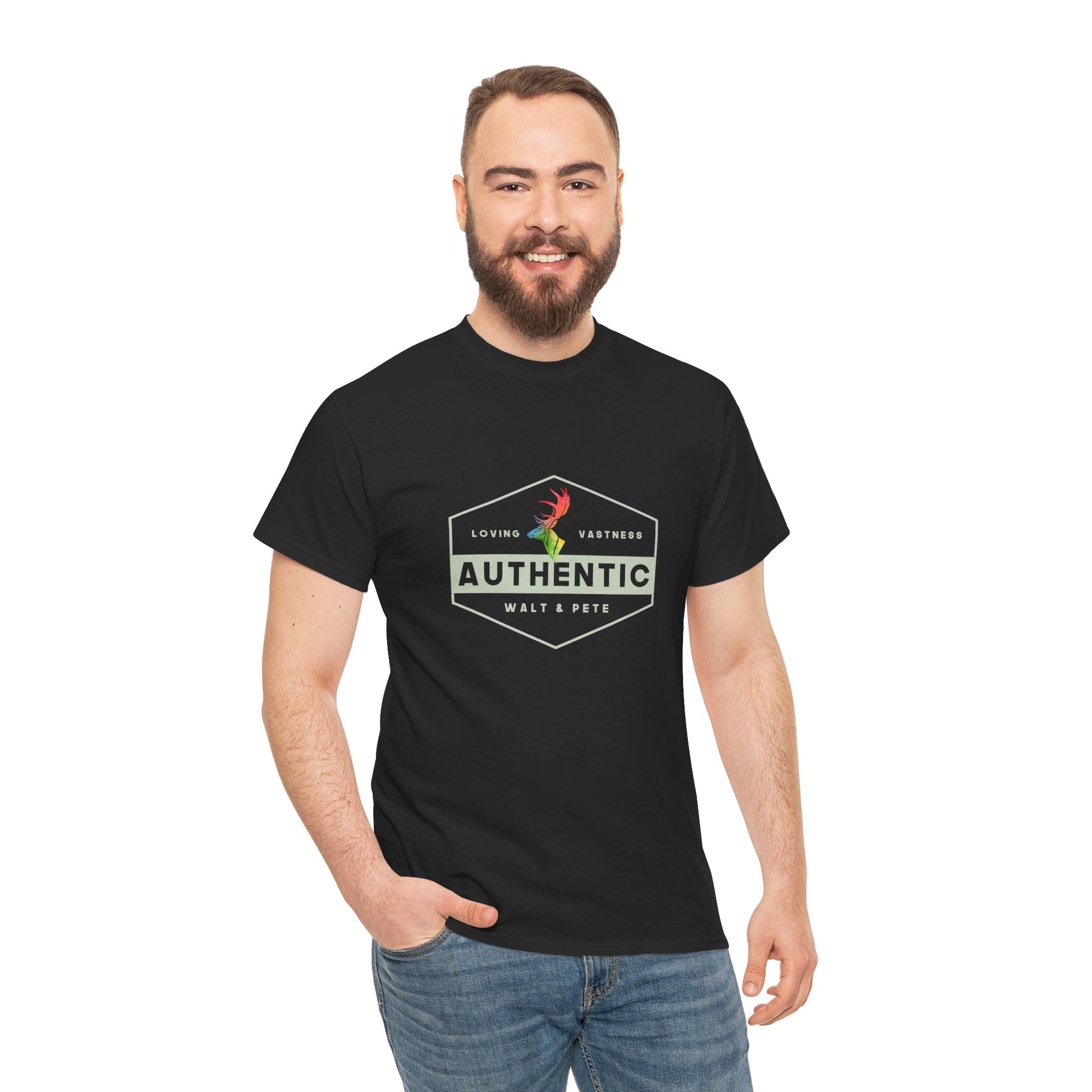 unisex LGBTQ+ t-shirt with a hexagonal badge design reading “Authentic” and “Loving & Vastness,” featuring a rainbow antler—symbolizing self-love, queer pride, and emotional depth.