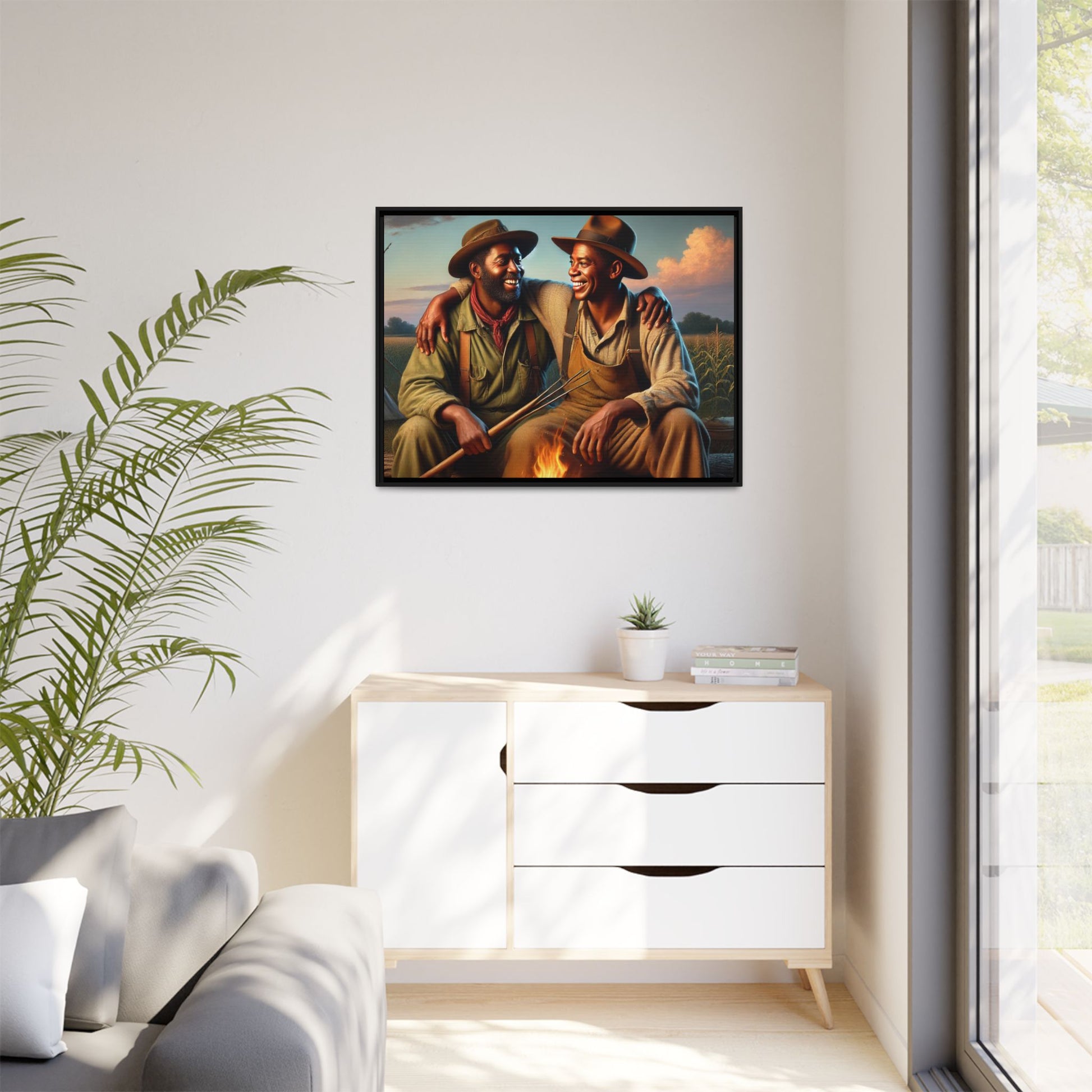 Artwork of an older African-American queer couple sharing a warm, joyful moment by a campfire in rural Iowa. Set against vast fields and an open sky, the scene captures love, resilience, and the nostalgic beauty of Americana, with firelight illuminating their laughter and companionship