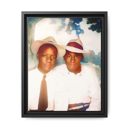 A restored vintage portrait of Bryson & Damien in Taylor, Mississippi. This framed matte canvas celebrates LGBTQ+ history, Southern charm, and timeless love. African American Gay Couple